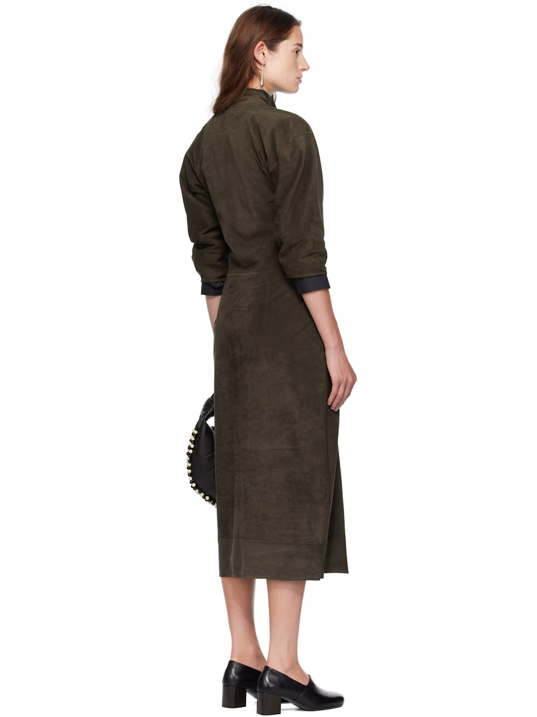 Khaki V-neck Nubuck Midi Dress - 3