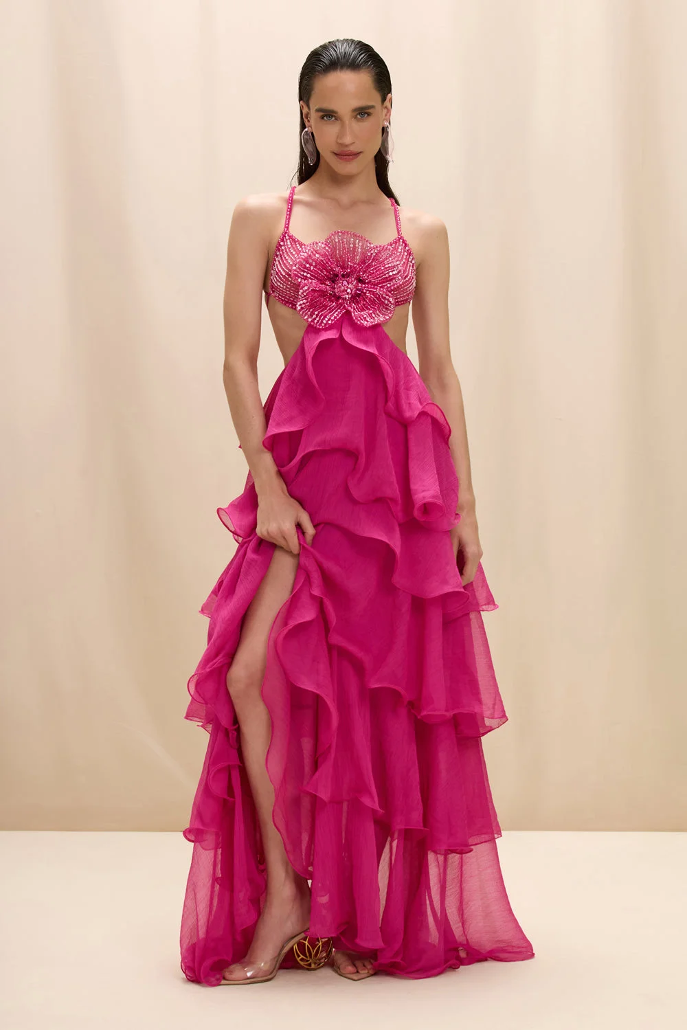 CHIFFON CARMEN LOTUS MAXI DRESS - 1