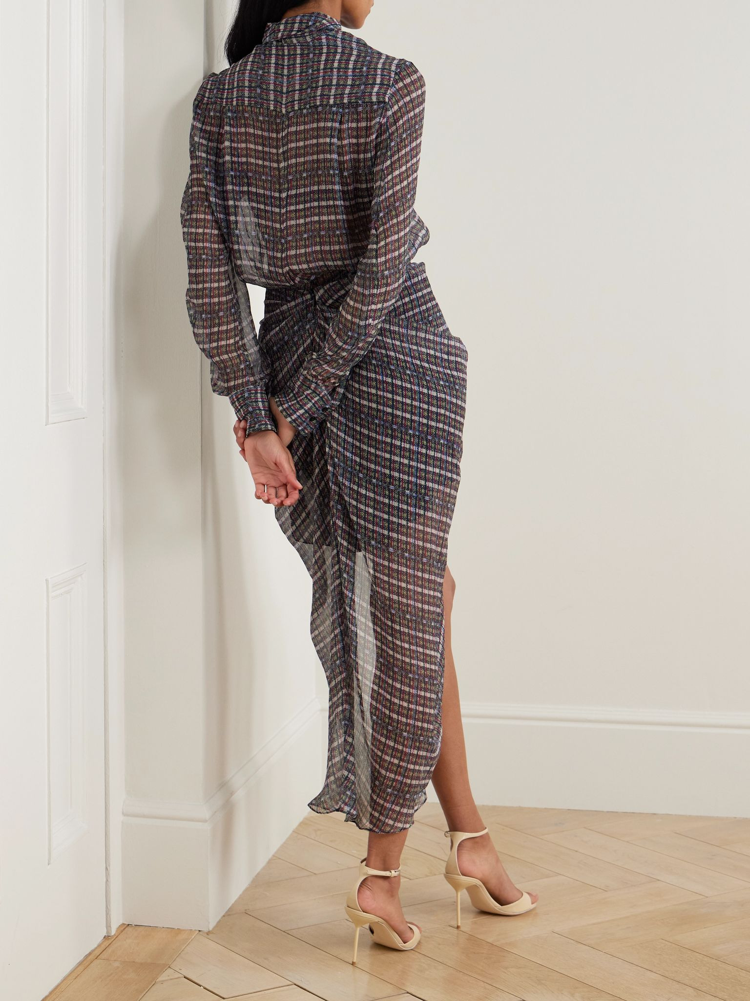 Gloya tie-neck asymmetric checked silk-crepon shirt dress Blue - 3
