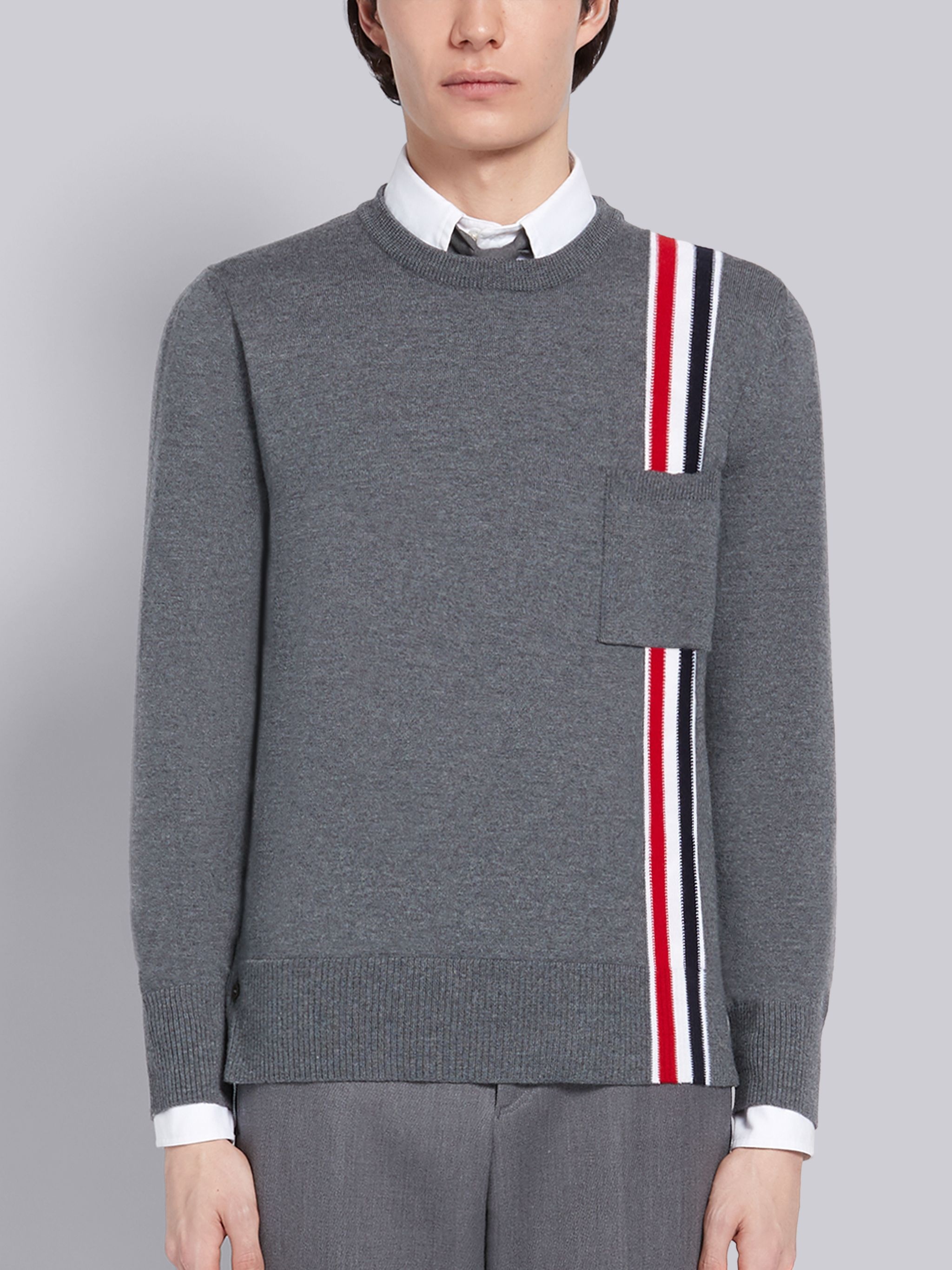 Medium Grey Merino Wool Jersey Stitch Tricolor Intarsia Stripe Crewneck Pullover - 1