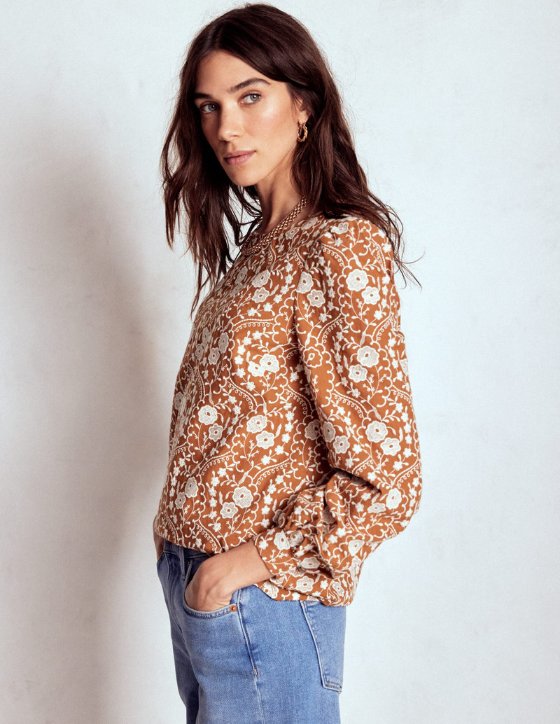 Embroidered Cotton Dobby Top-Brown 6