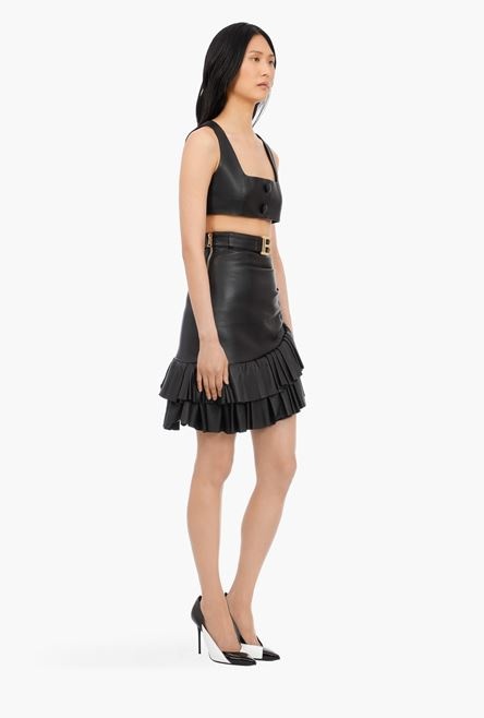 Short black leather asymmetrical high-waisted skirt - 7