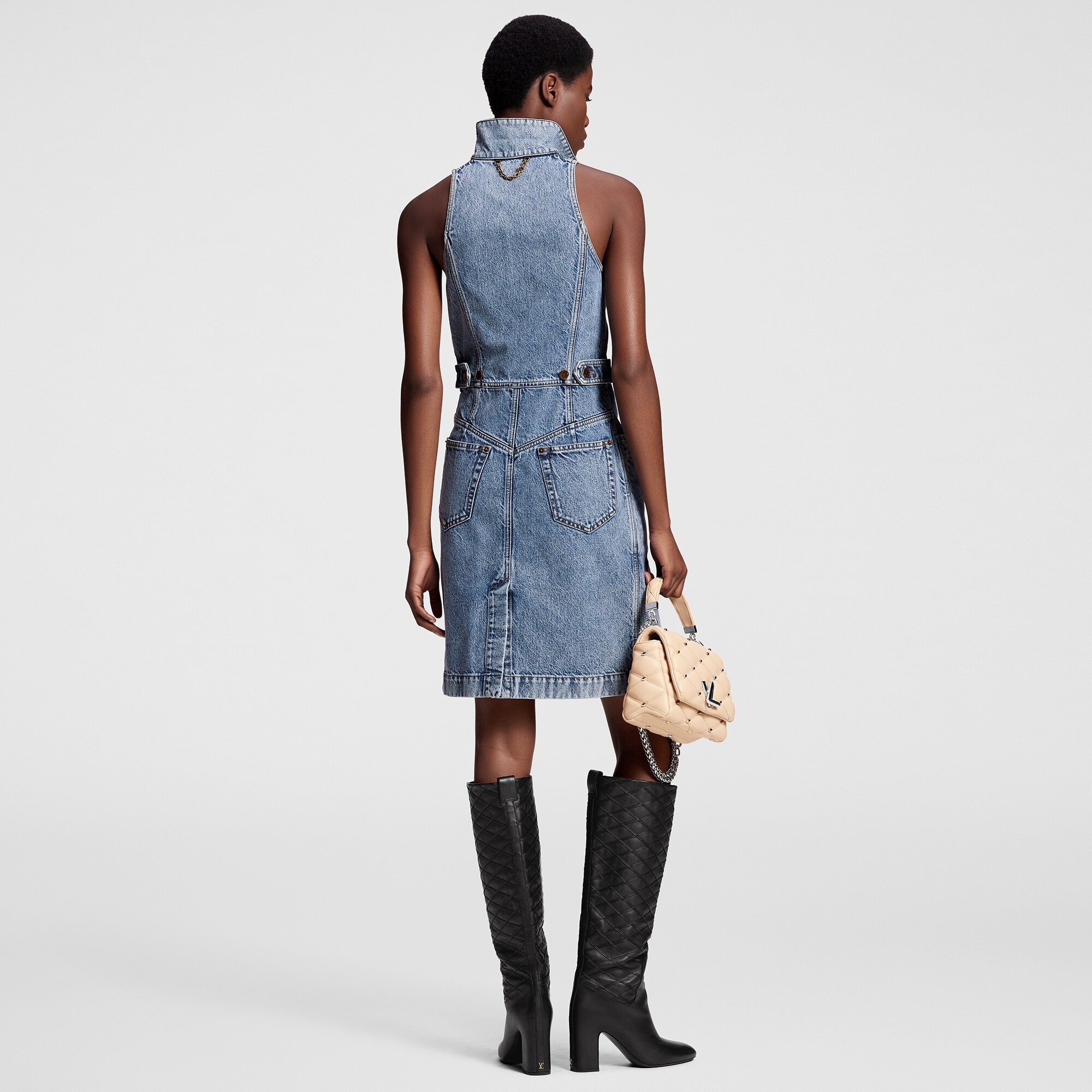 Velvet Accent Denim Dress - 3