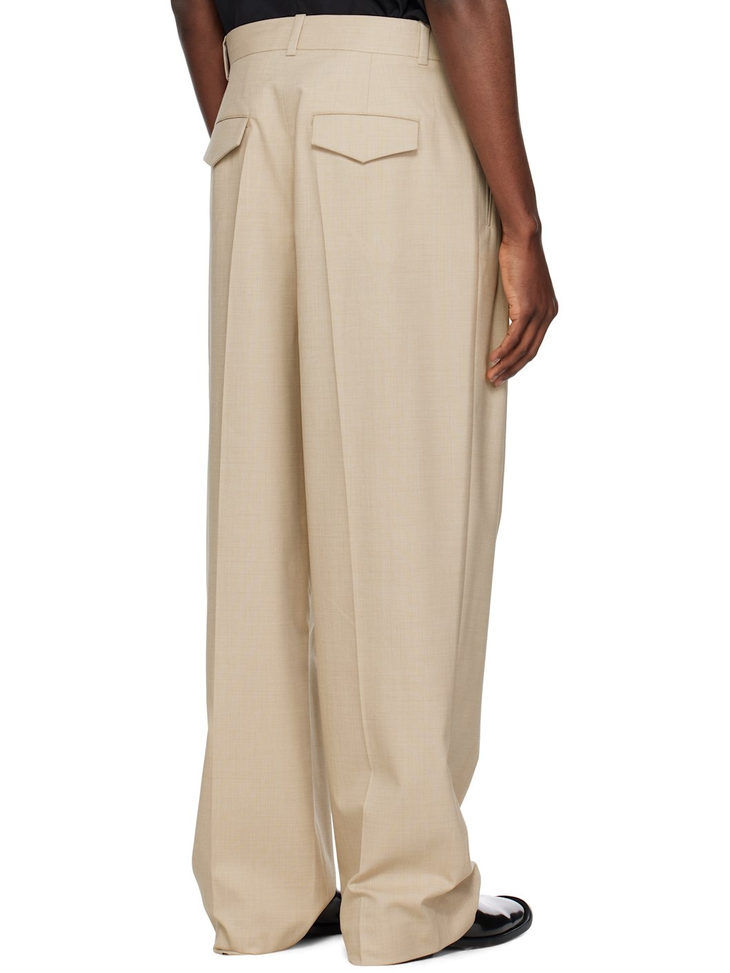 Beige Double Pleated Wide Trousers - 3