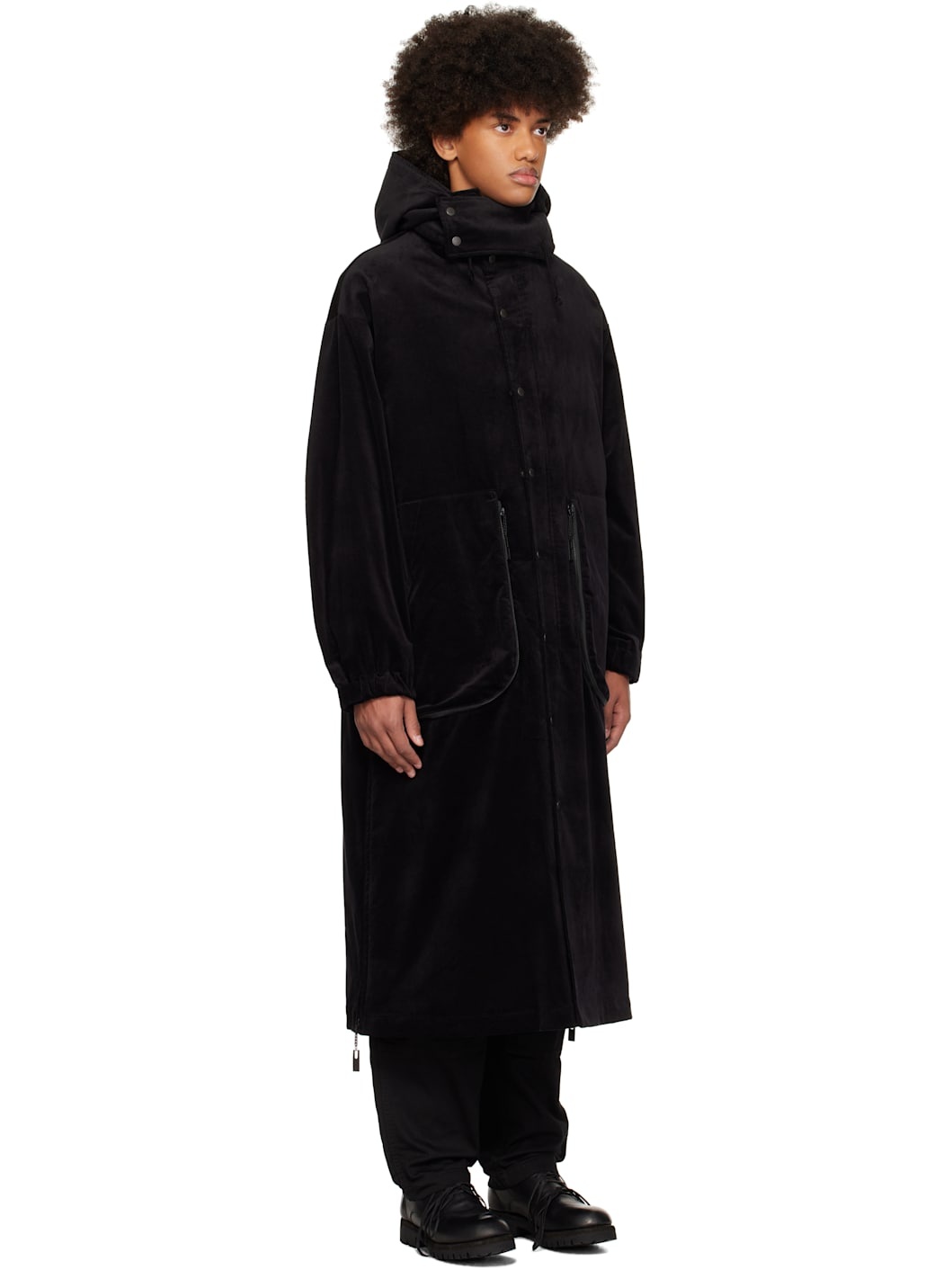 Black M-Velvet Hooded Coat - 4