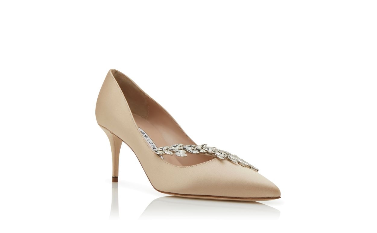 Beige Satin Jewel Buckle Pumps - 3