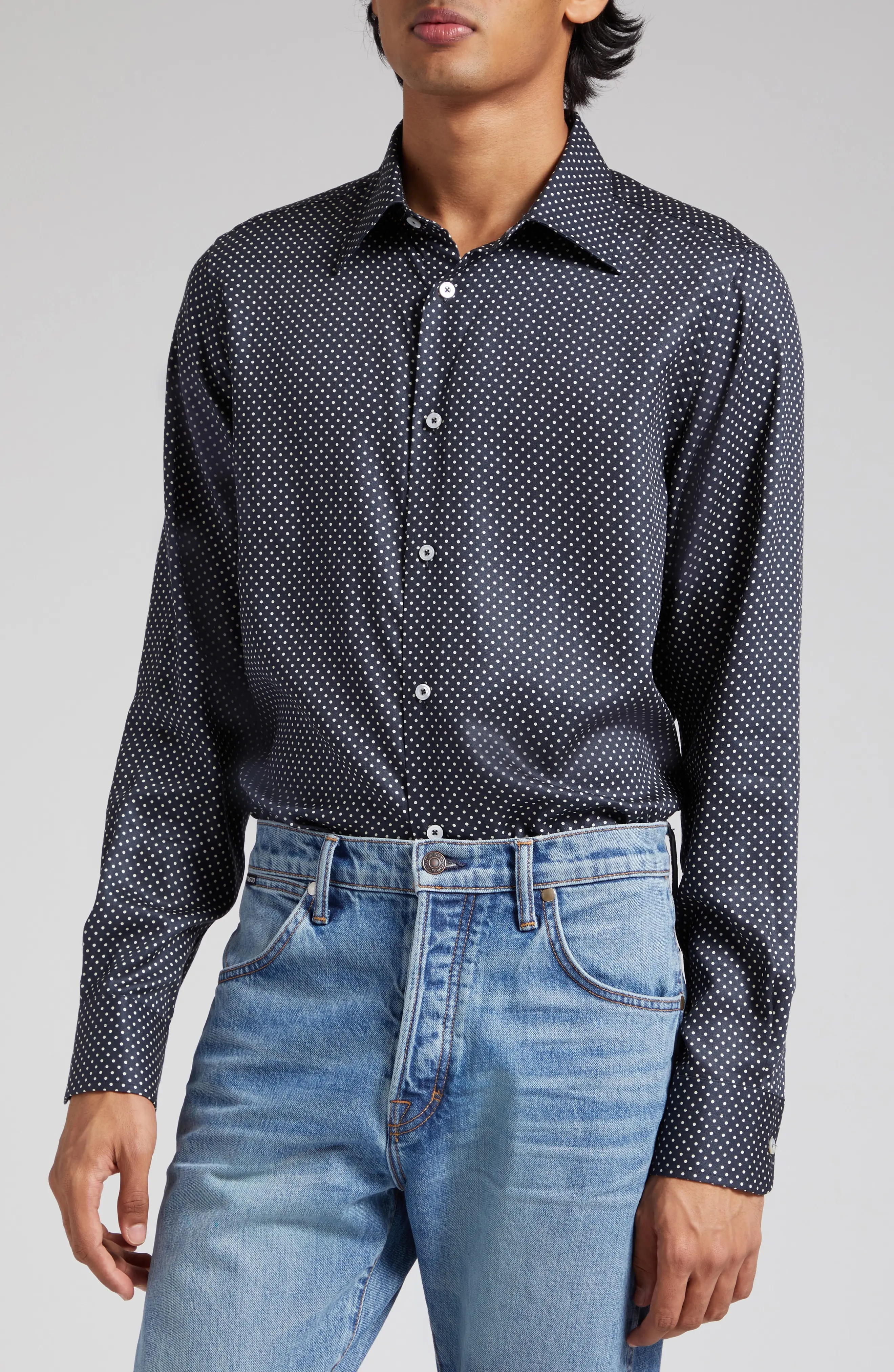 Polka Dot Slim Fit Button-Up Shirt in Jeans/White - 1