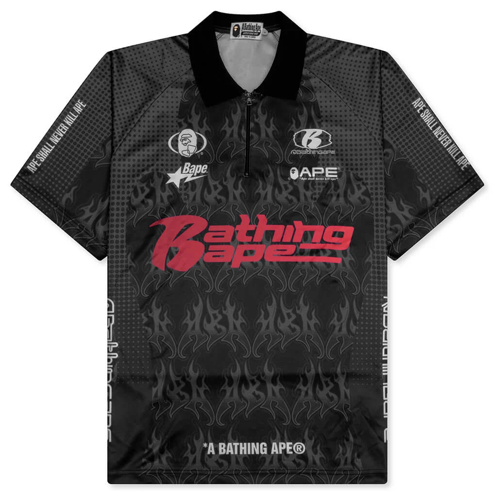 FLAME PATTERN OVERALL PRINT HALF ZIP RELAX FIT POLO SHIRT - BLACK - 1