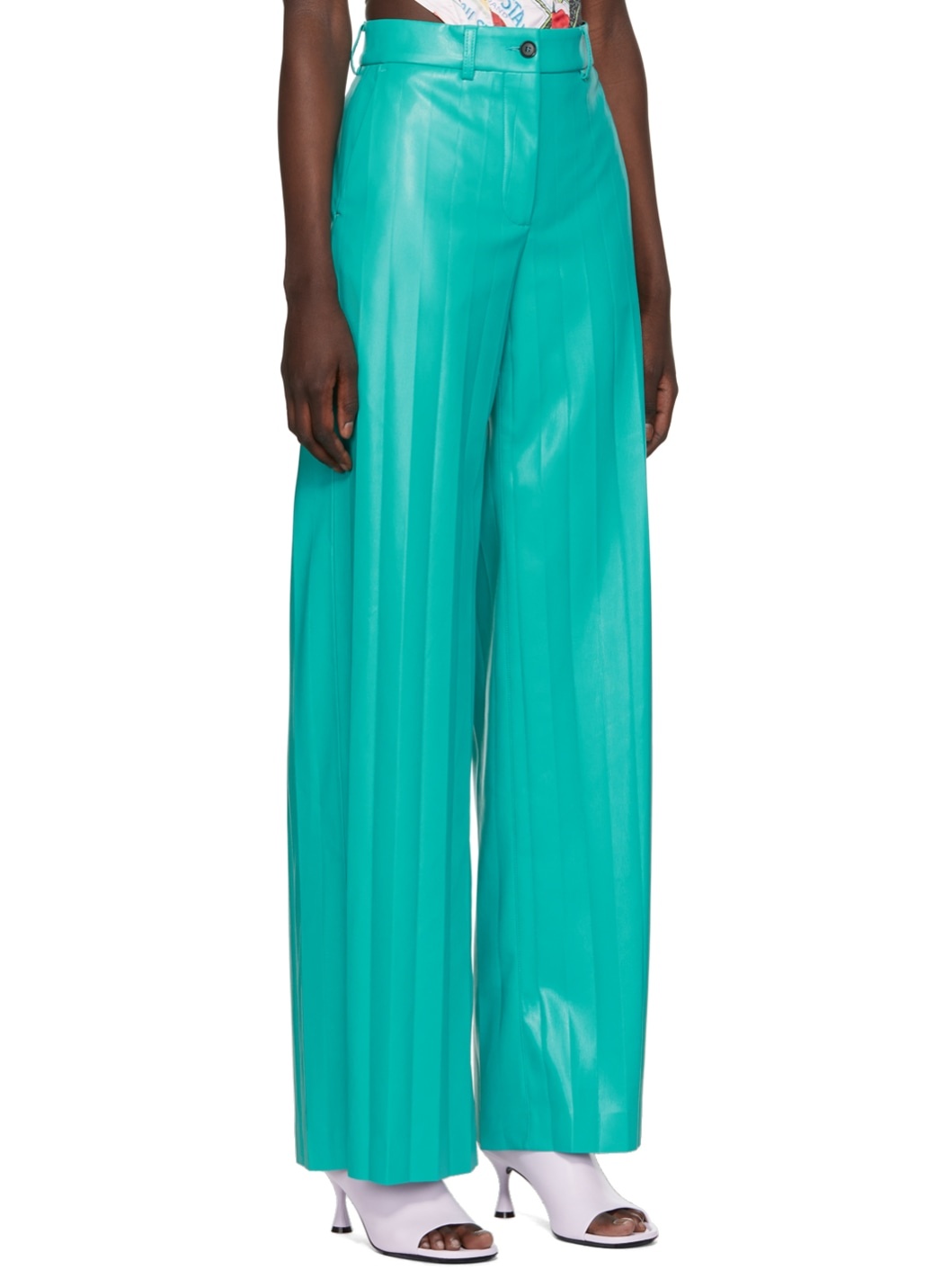 Blue Pleated Faux-Leather Pants - 2