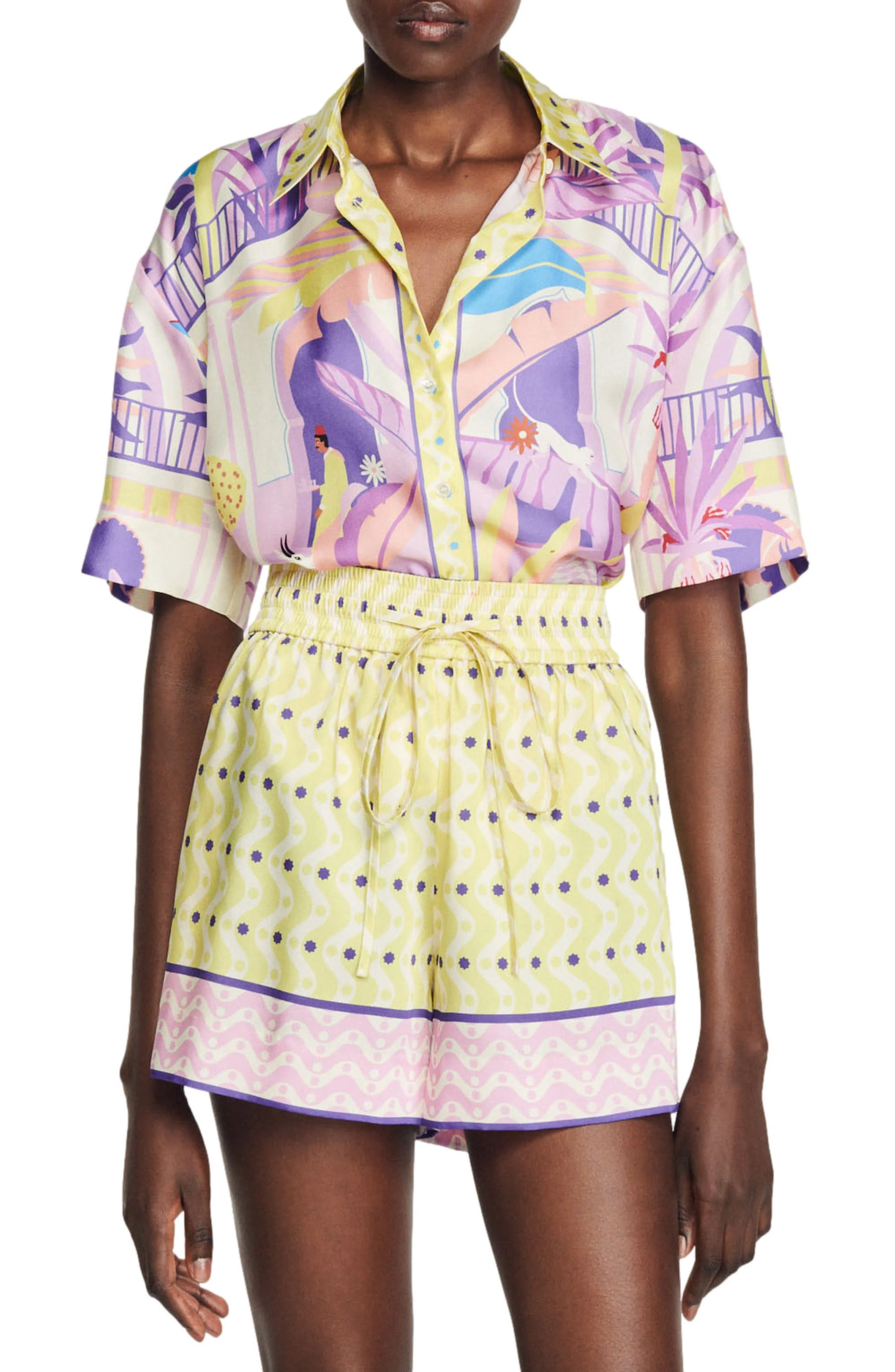 SANDRO Caroline Silk Button-Up Shirt in Yellow /Purple at Nordstrom - 1