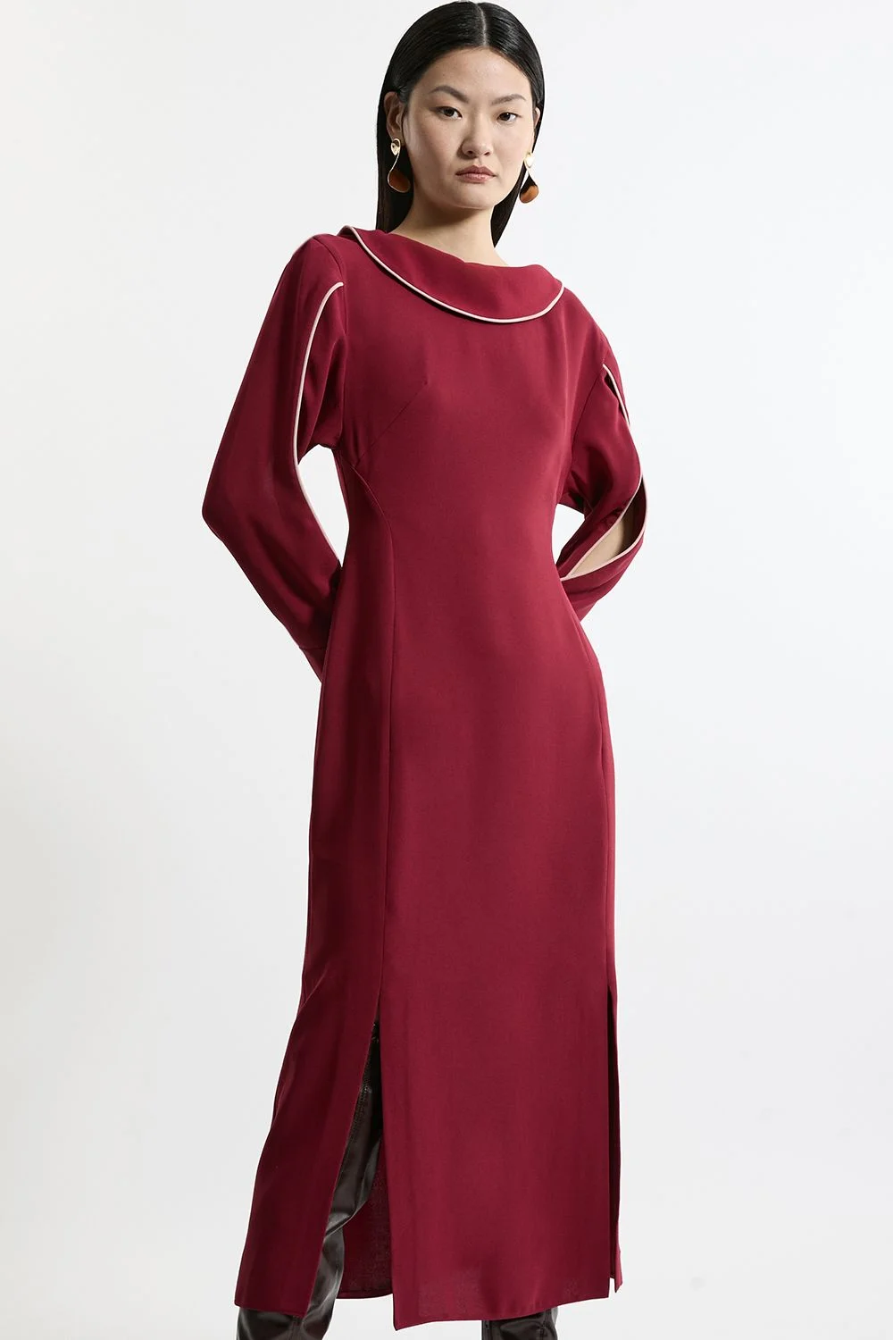 Soft Tailored Tipping Cowl Detail Sleeved Midi Dress - 1