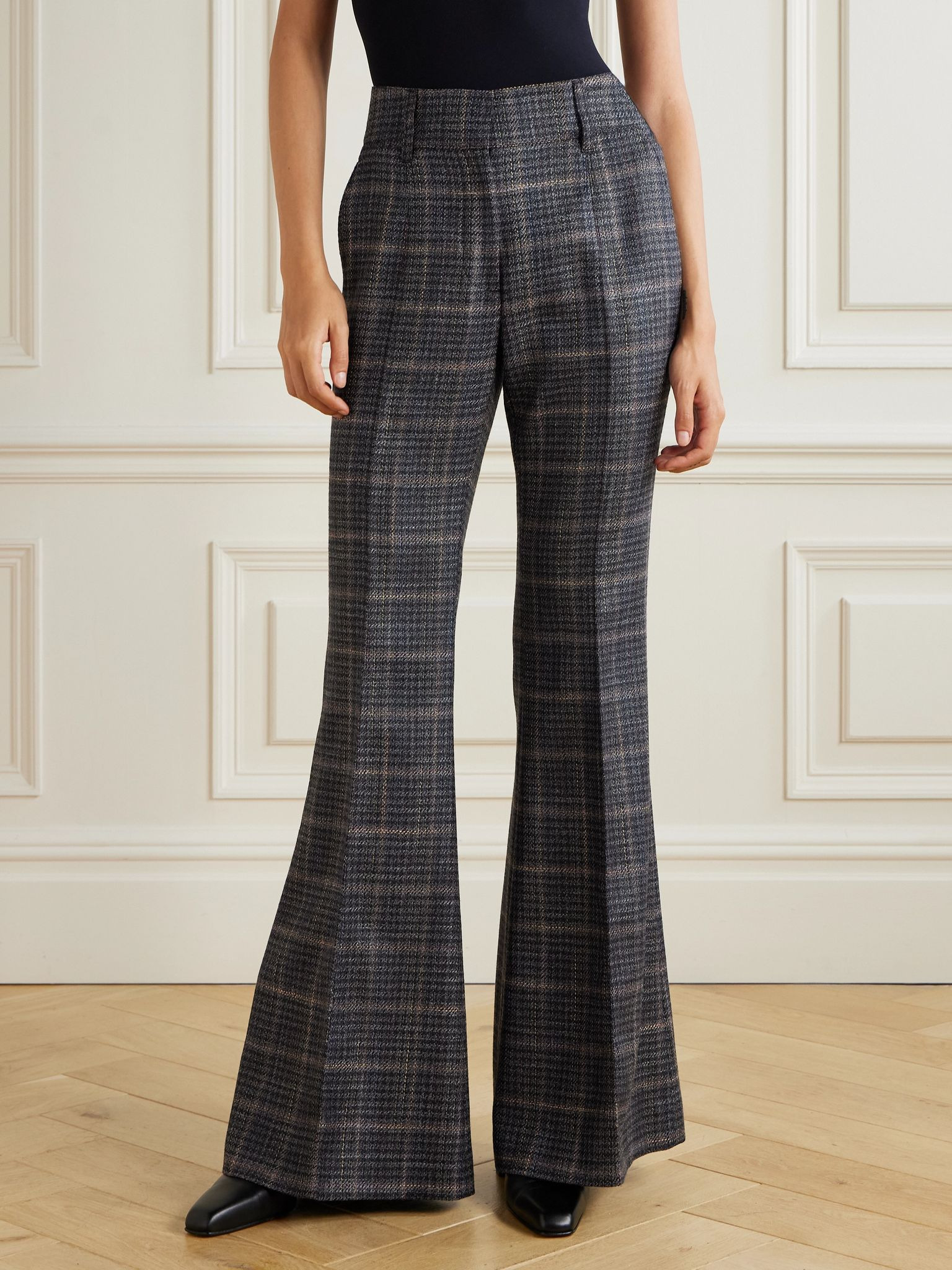 Rhein checked wool and silk-blend flared pants Dark gray - 3