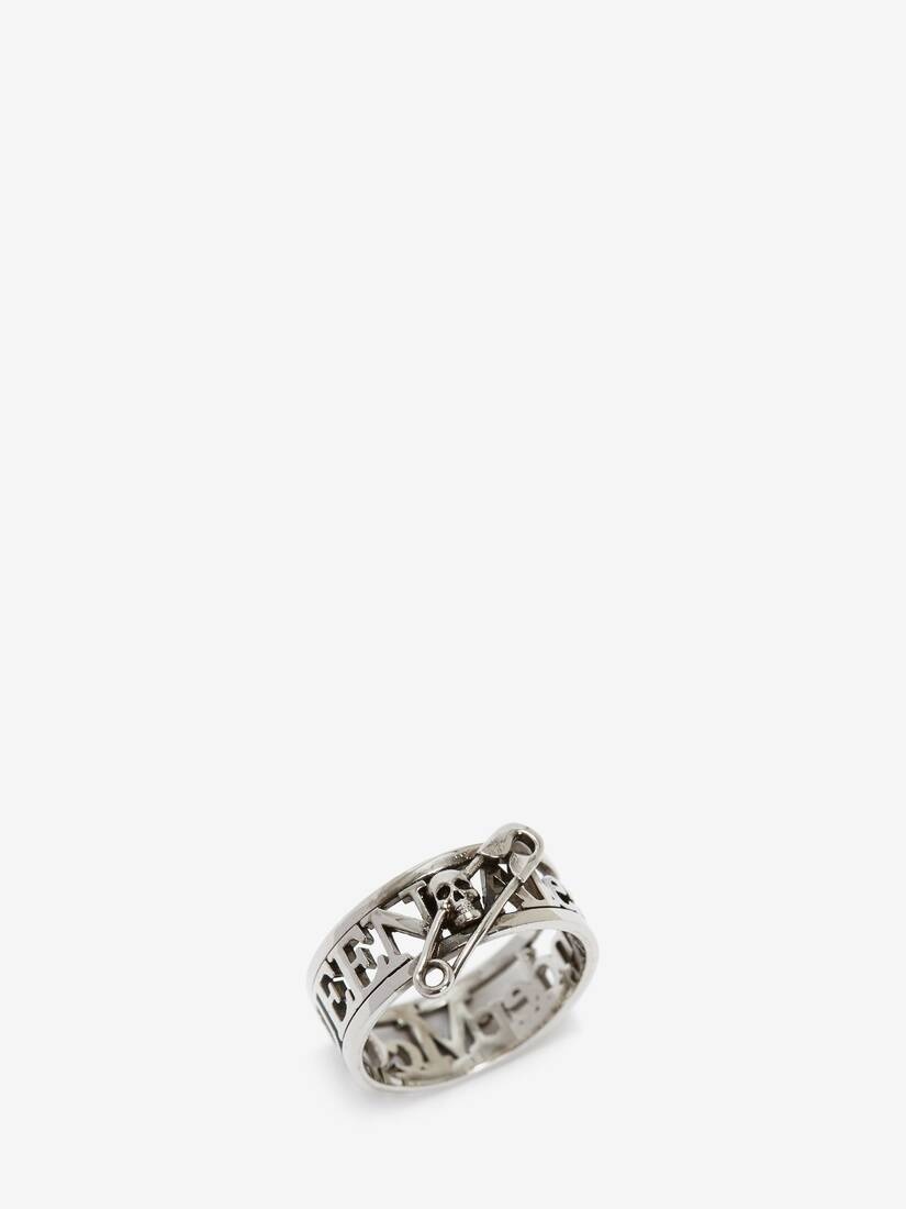 Skull Safety Pin Ring in Antique Silver - 2