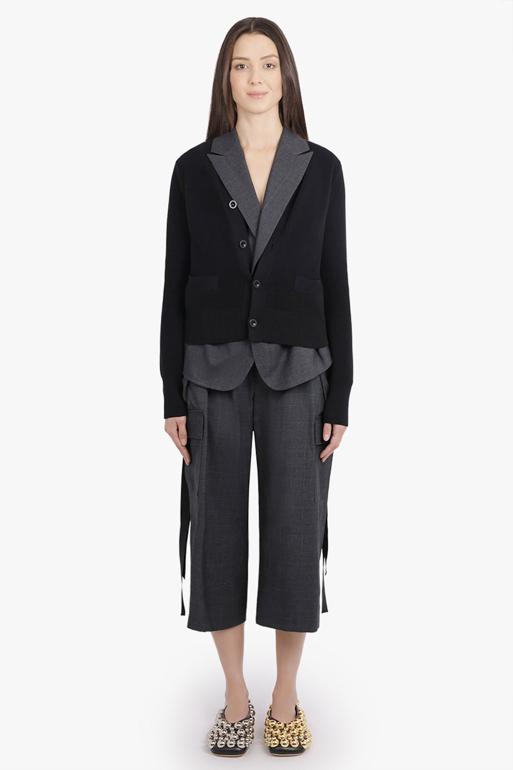 GLEN CHECK PRINT JACKET WITH KNIT CARDIGAN OVERLAY | BLACK/GREY - 2