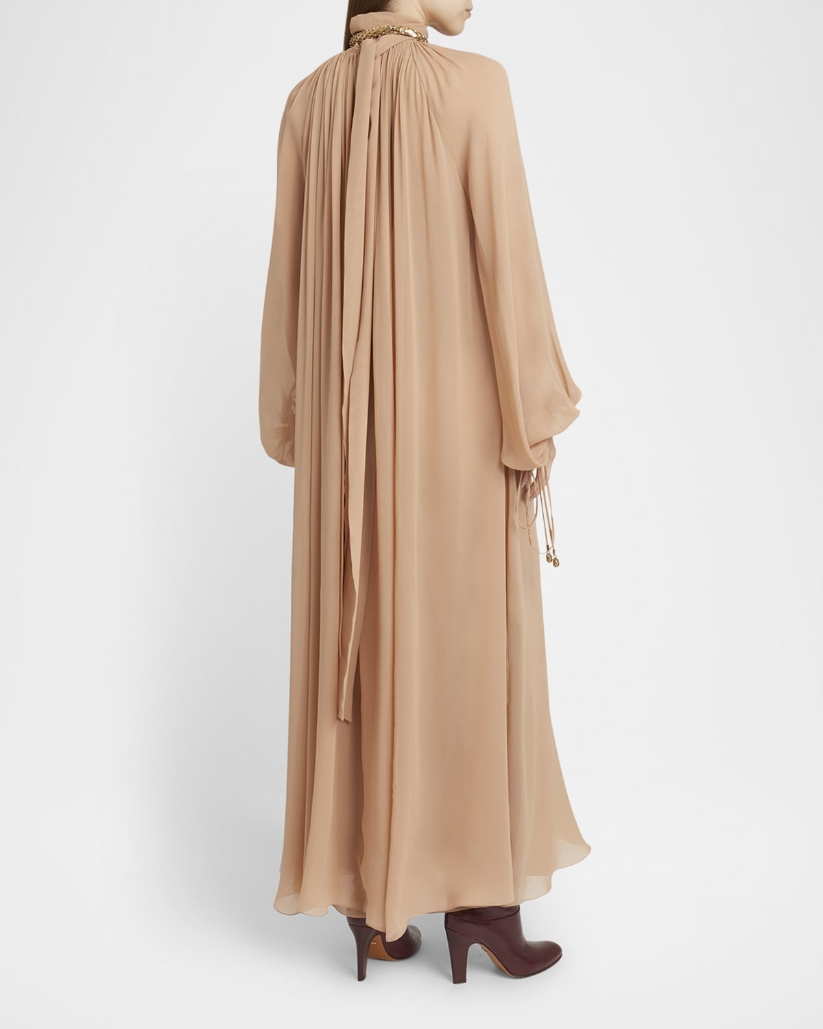 High-Neck Tie Long-Sleeve Silk Gown - 6