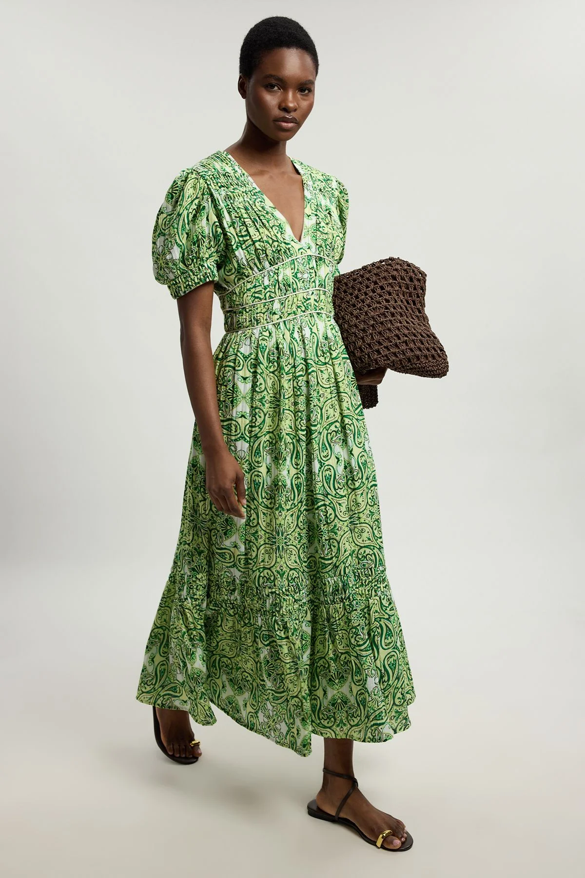 Double Cloth Tile Print Contrast Piping Midi Dress - 1