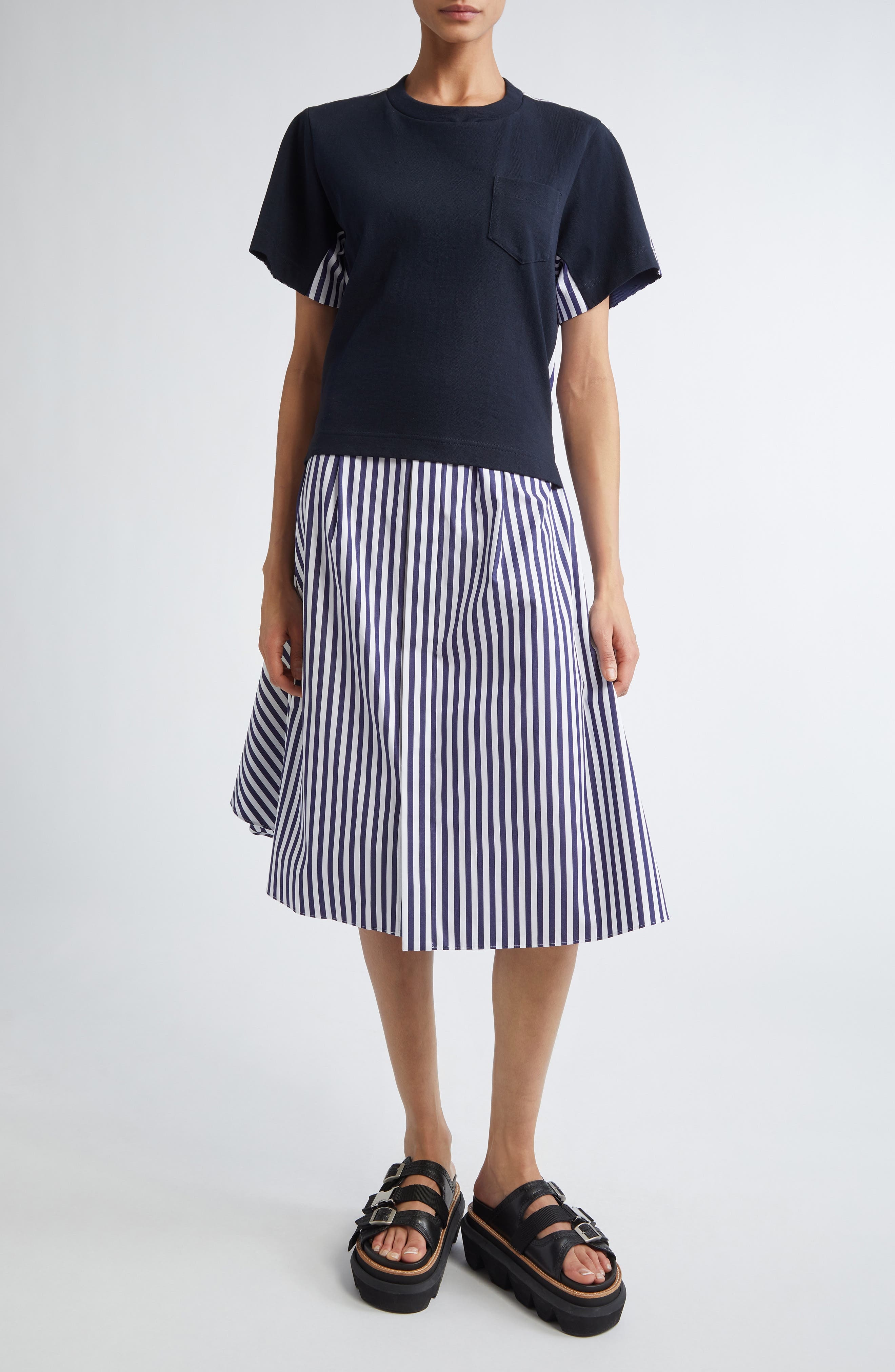 Sacai Mixed Media Poplin & Jersey Midi Dress in Navy Stripe at Nordstrom - 1