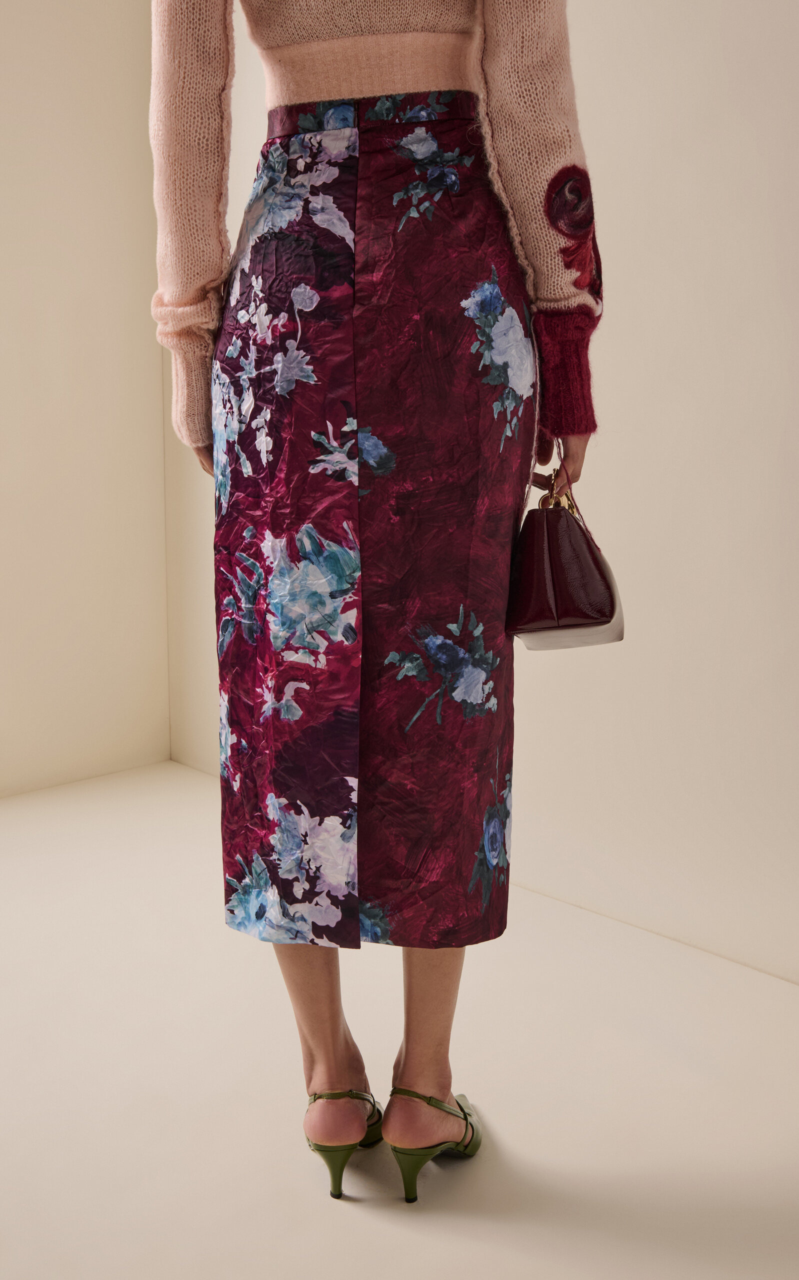 Floral-Collage Satin Midi Skirt burgundy - 4