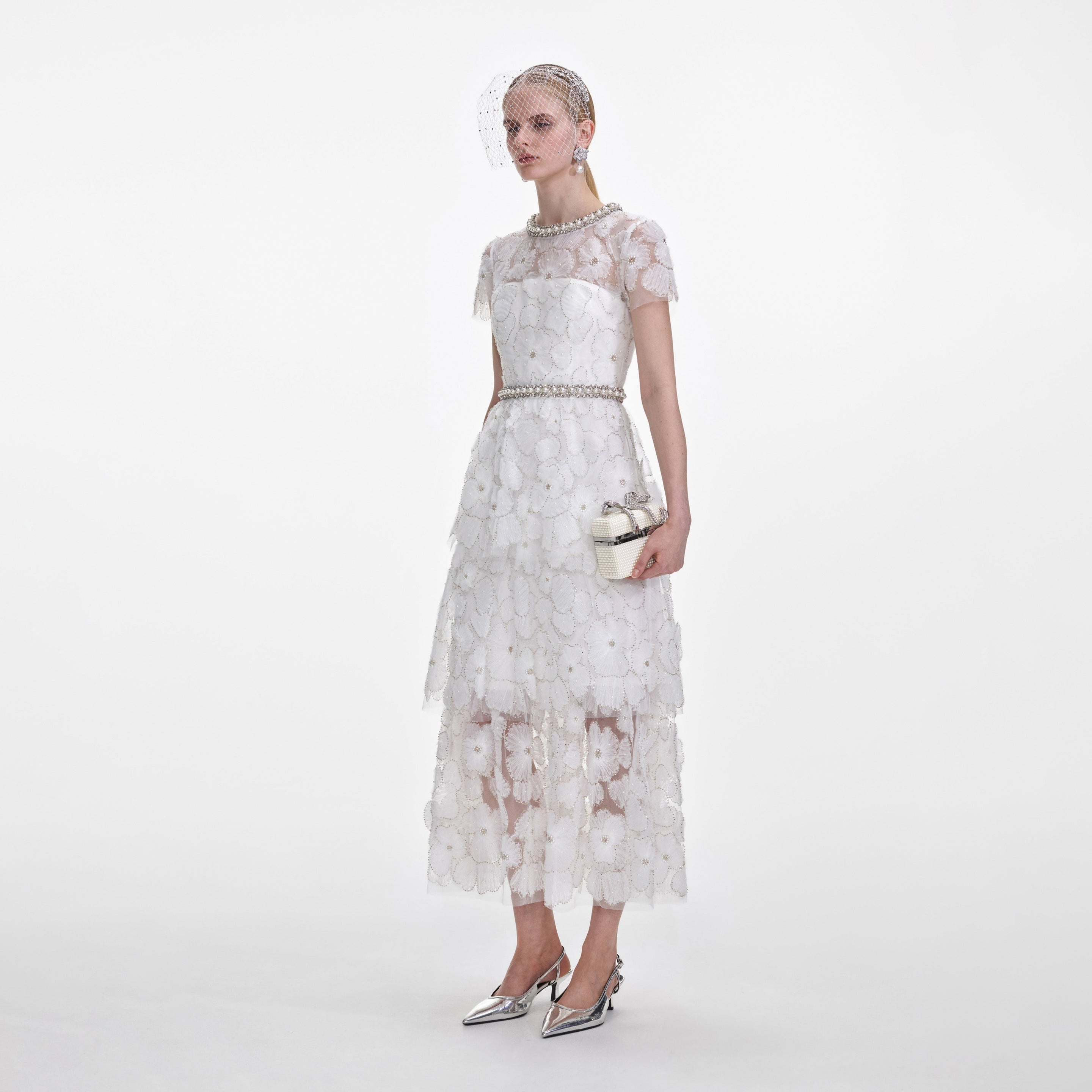 White Embellished Tulle Tiered Midi Dress - 2