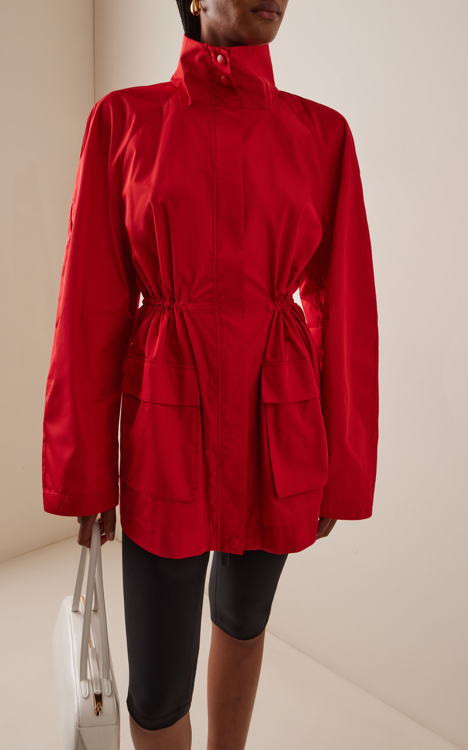Stand Collar Paper Taffeta Parka red - 3
