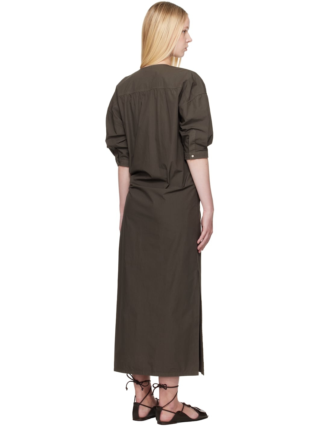 Brown Short Sleeve Twisted Midi Dress - 3