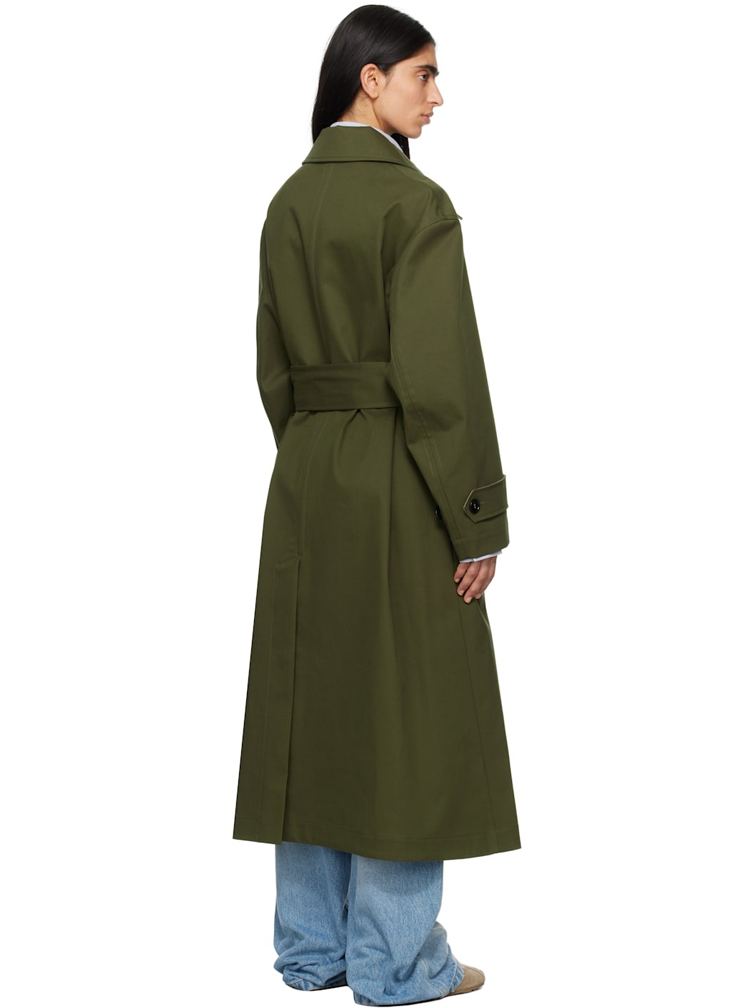 Green Cotton Belted Mac Coat - 3