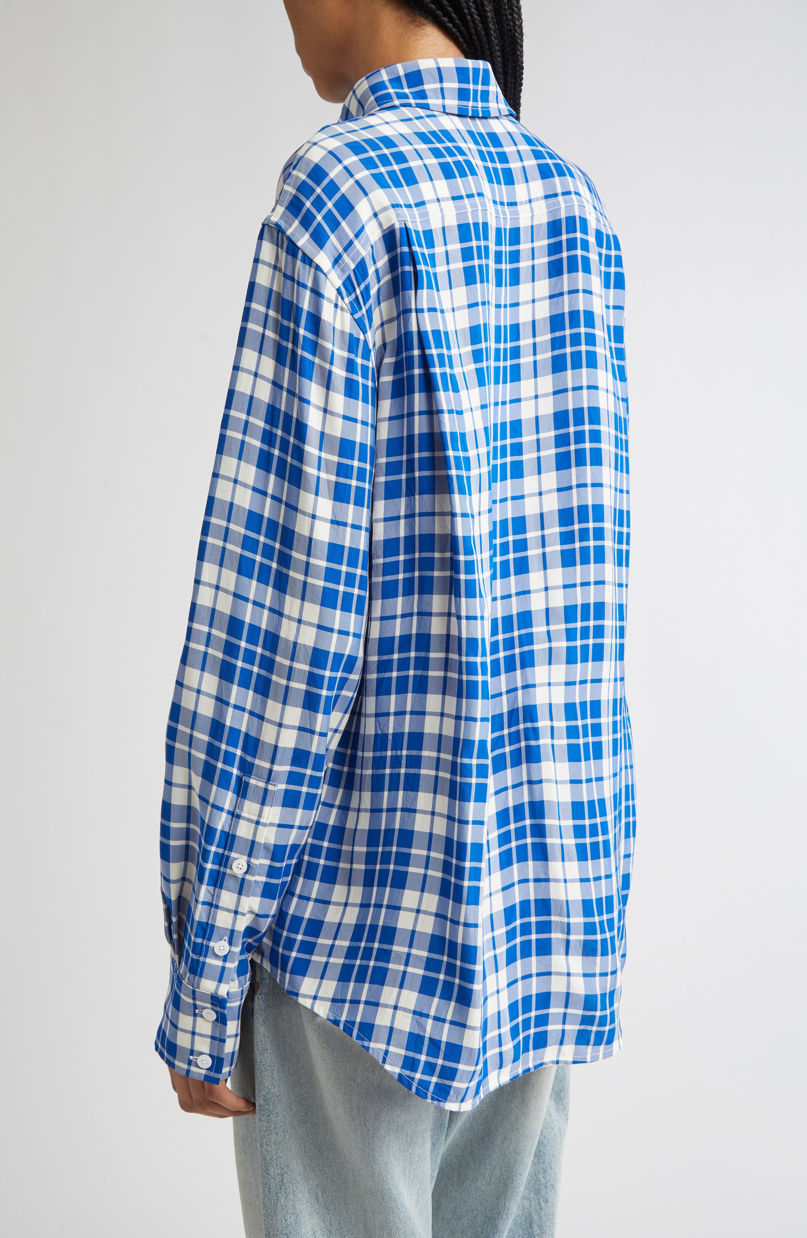 Proenza Schouler Bronwen Plaid Hammered Viscose Button-Up Shirt in Cobalt Multi at Nordstrom - 4