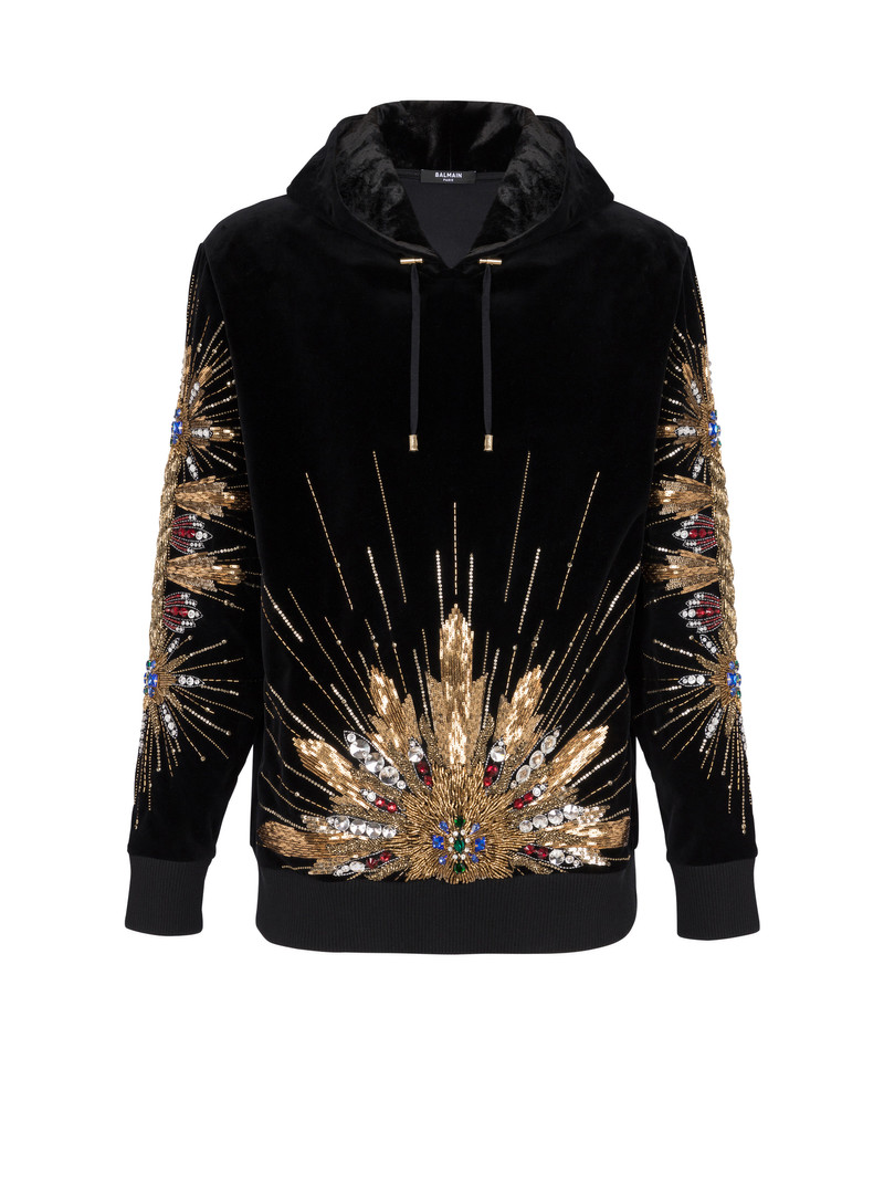 Velvet hooded sweatshirt with embroidery 1