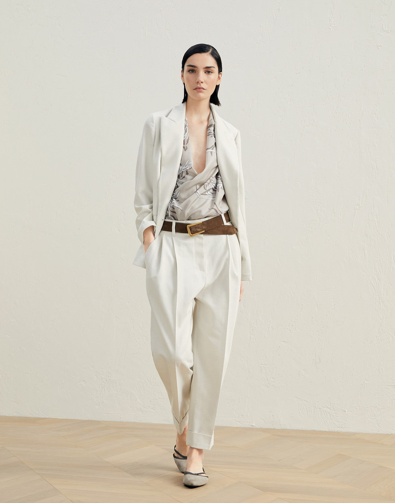 Brunello Cucinelli Cotton and viscose sparkling twill blazer with ramage print foulard and monili outlook