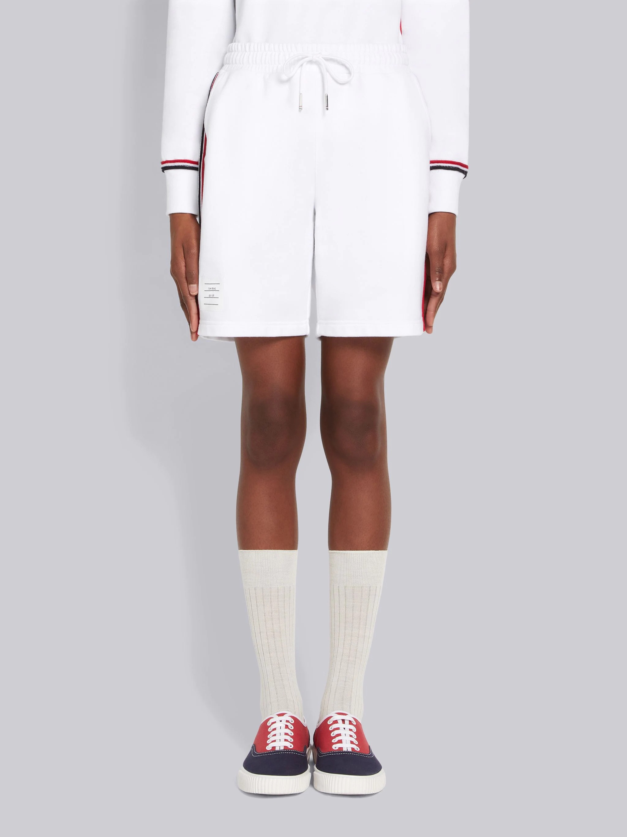 White Cotton Loopback Contrast Stripe Framing Mid-thigh Shorts - 1