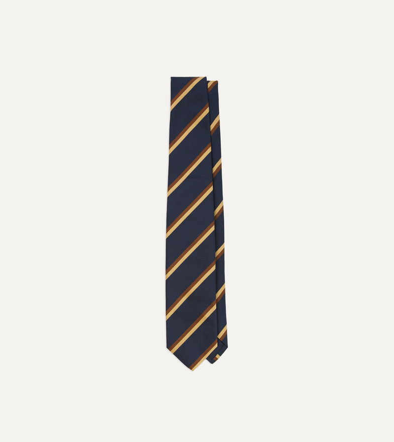 Gold, Navy and Brown Double Stripe Mogador Silk Tipped Tie 1