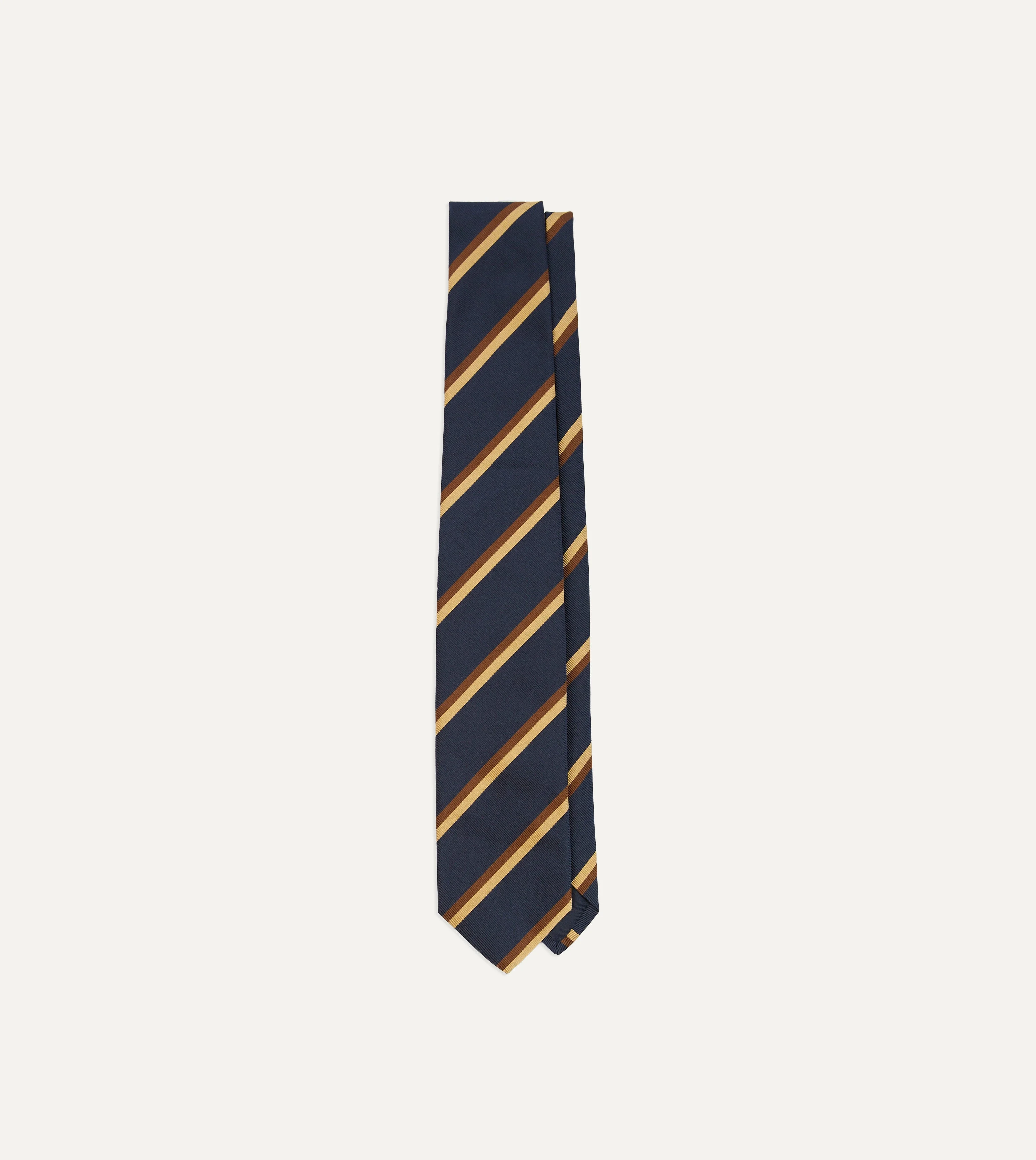 Gold, Navy and Brown Double Stripe Mogador Silk Tipped Tie - 1