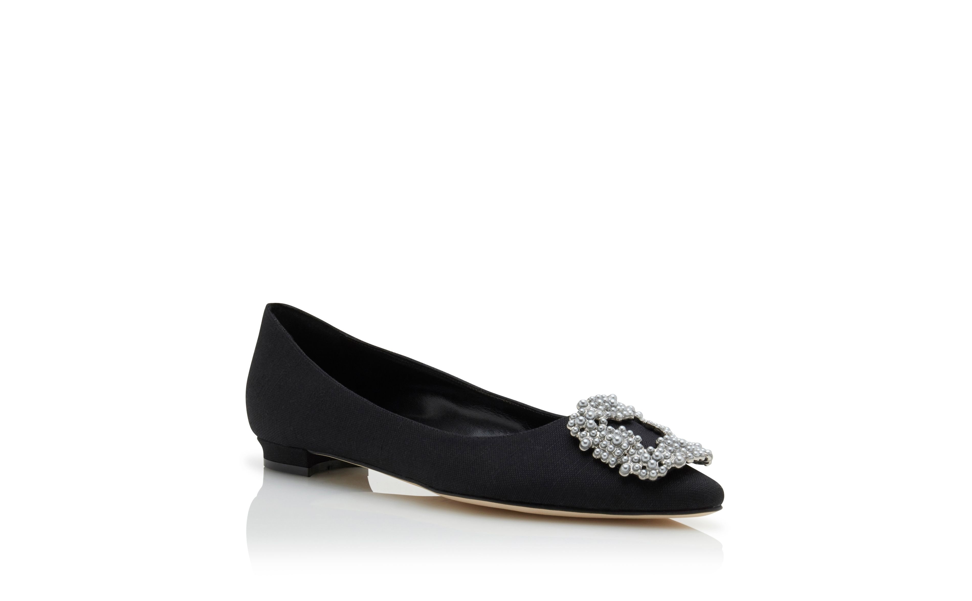 Black Linen Pearl Buckle Flat Shoes - 3