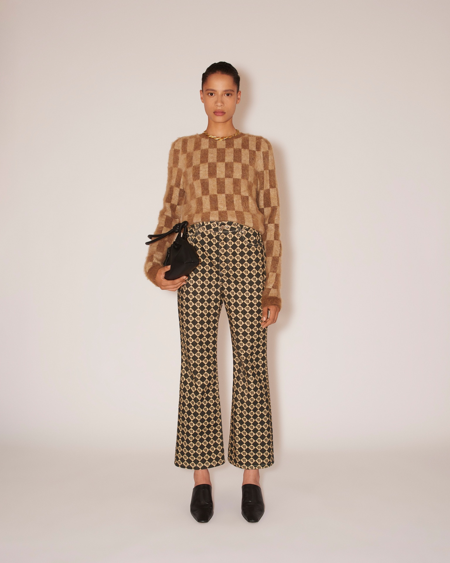 FELINE - Brushed alpaca checkered crew neck sweater - Creme&Brown - 2
