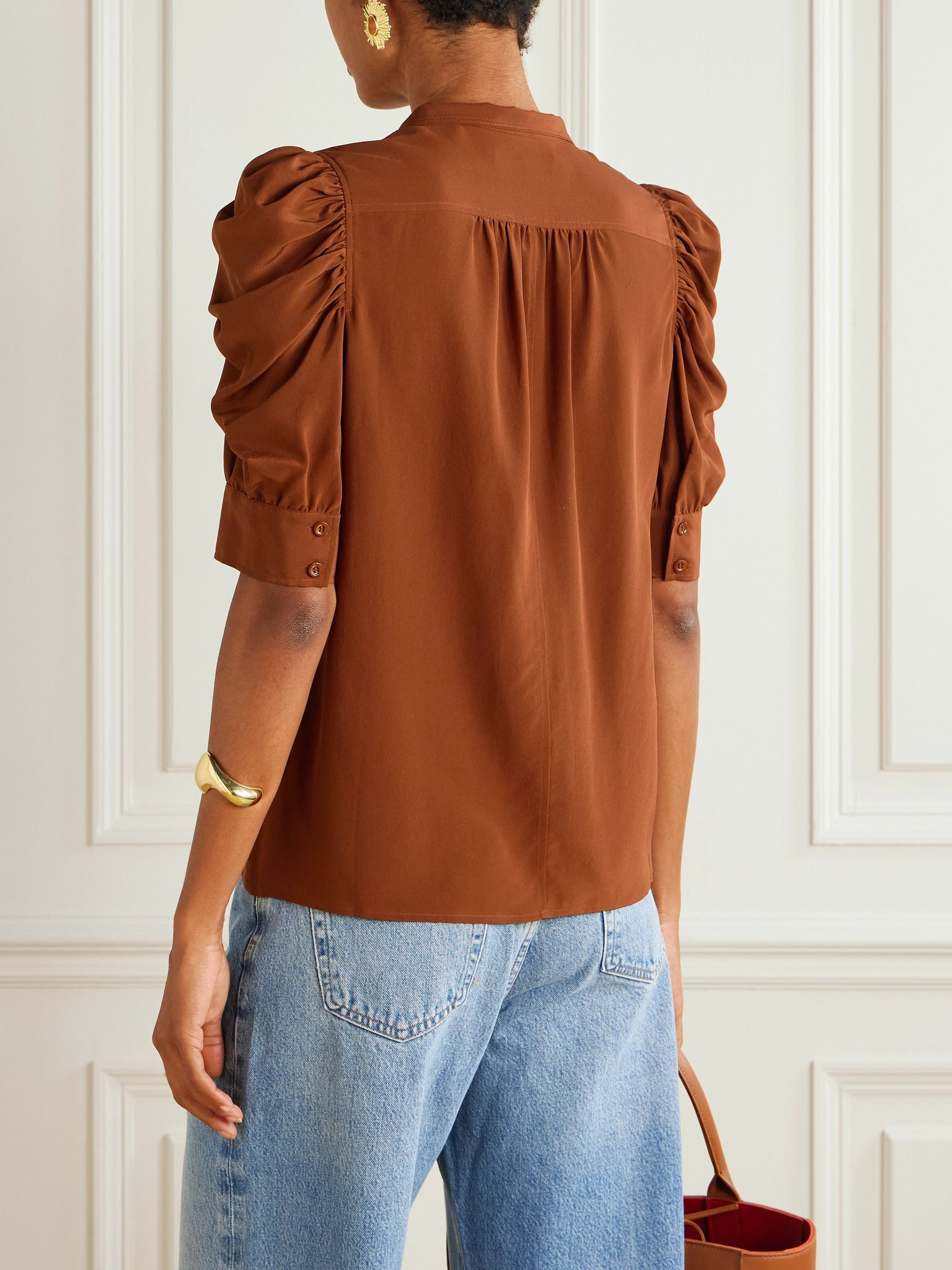 Gillian ruched silk-satin blouse Brown - 4