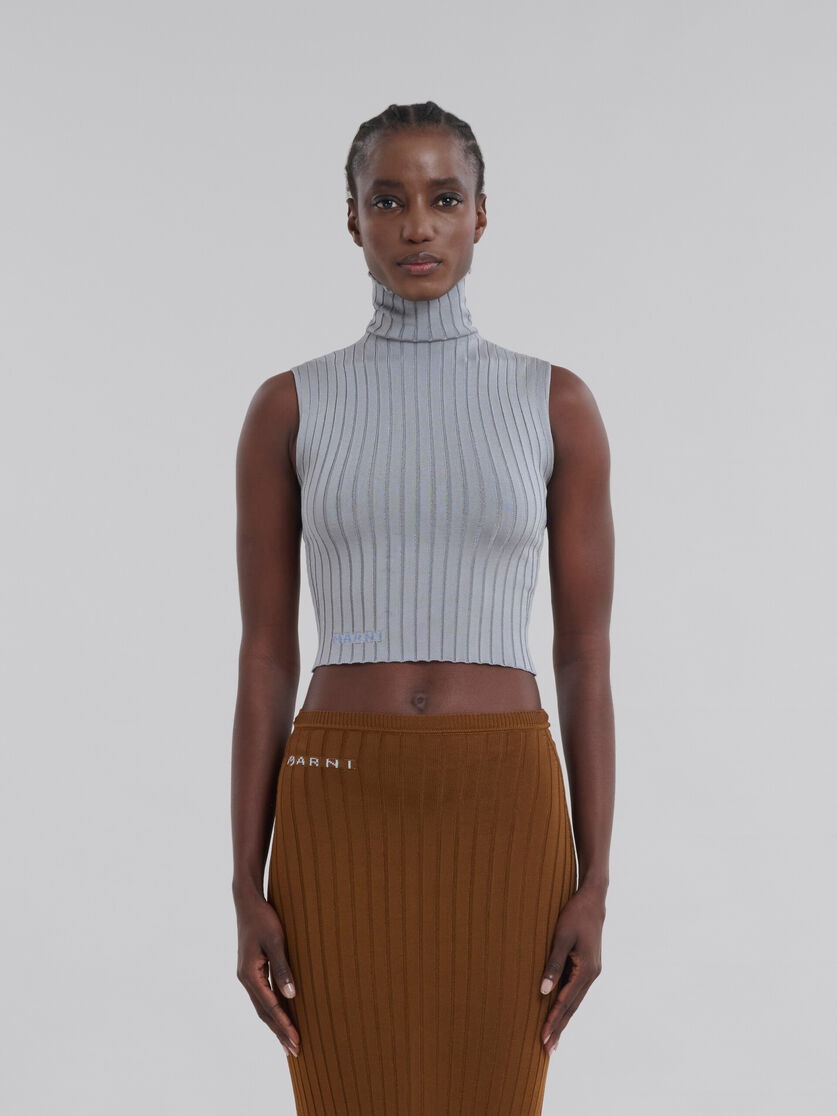 GREY RIBBED VISCOSE TURTLENECK VEST - 2