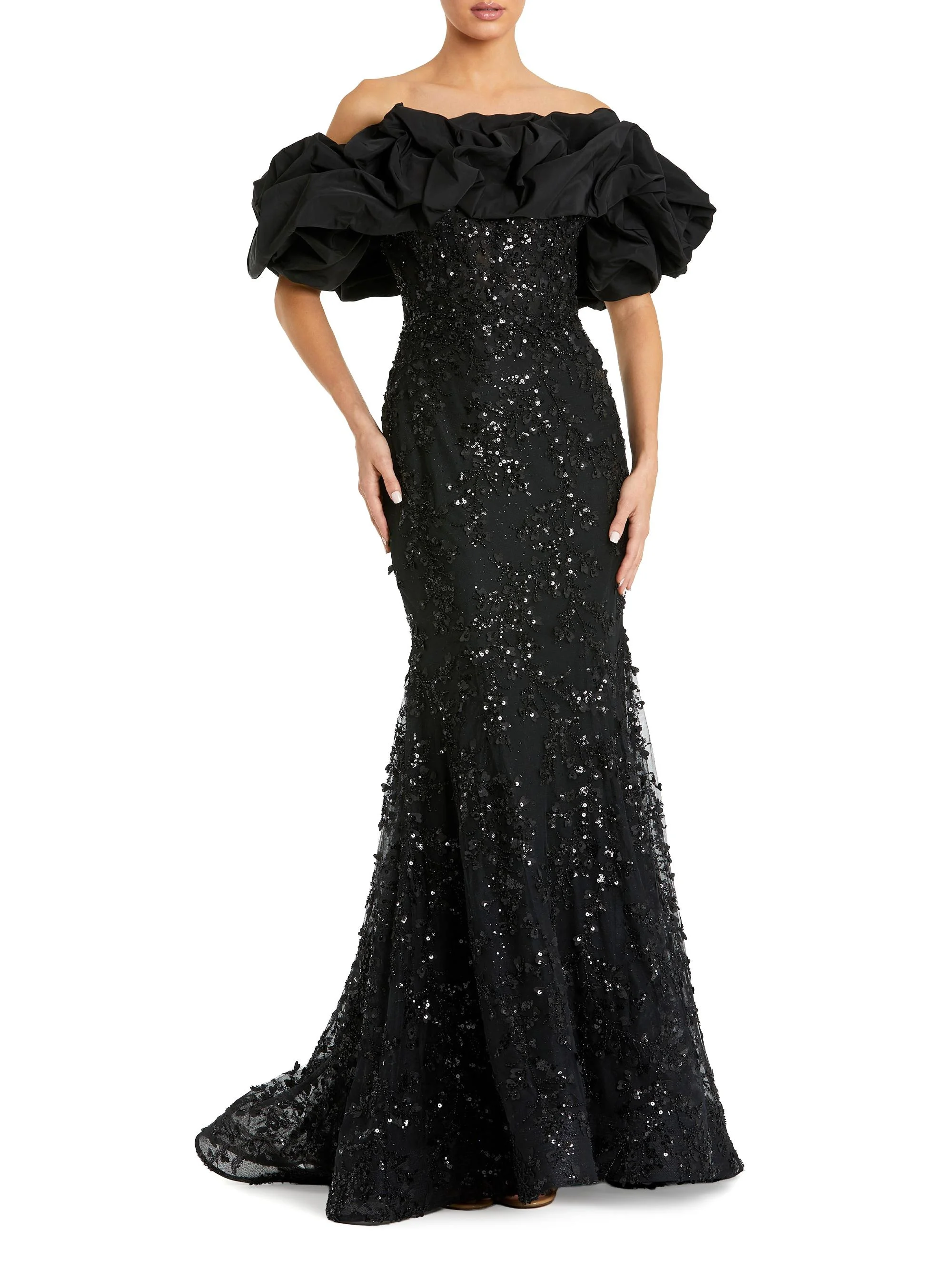 Women's Evening Beaded Appliqué Off-The-Shoulder Mermaid Gown - Black - 1