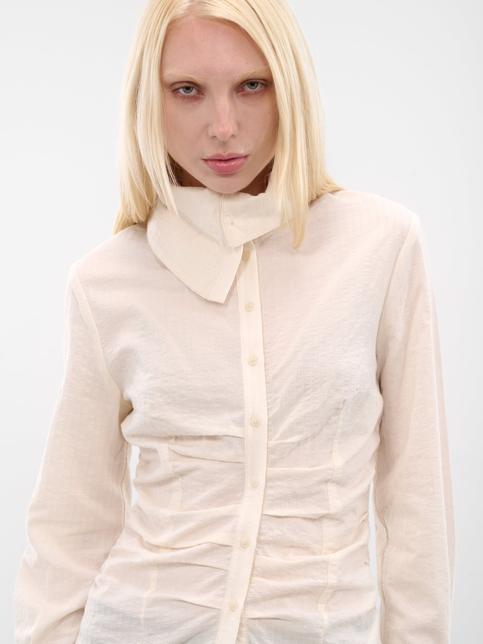White Gathered Button-Up Shirt - 5