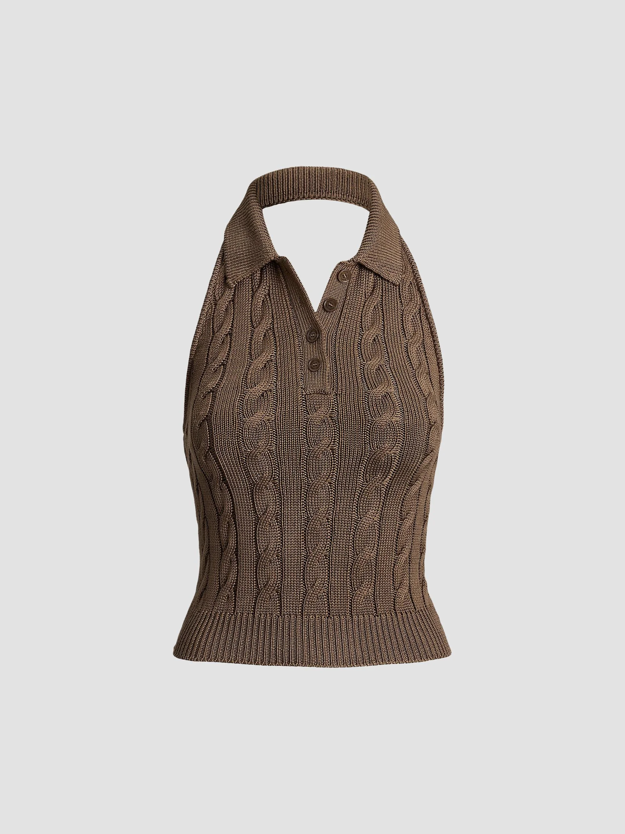Women's Cable-Knit Silk Halter Sweater - Portobello - 1