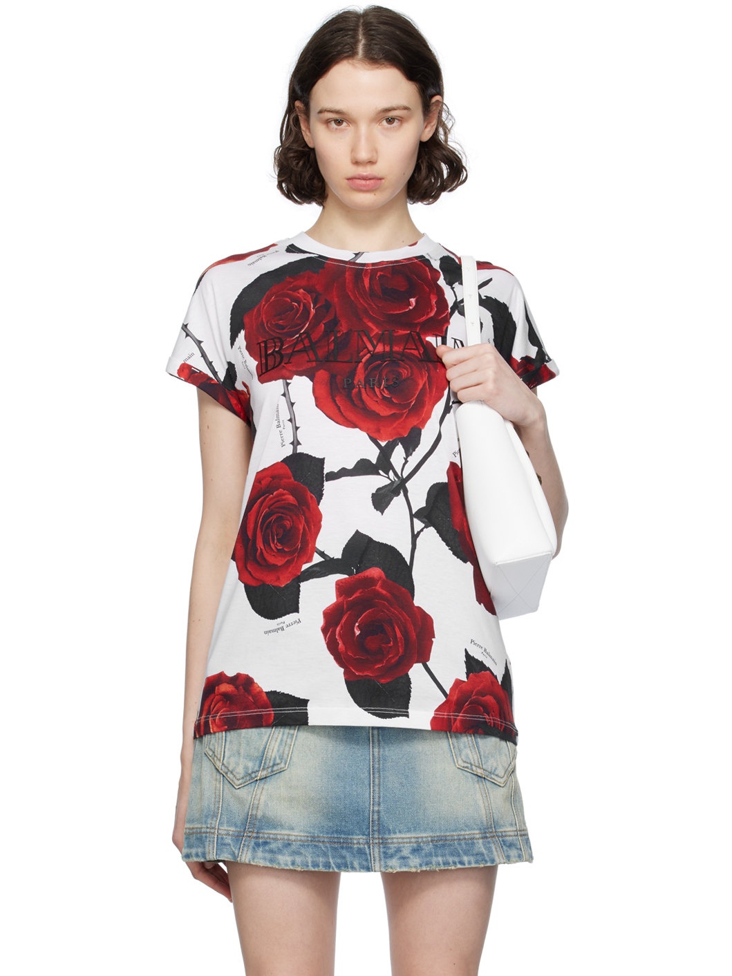 White & Red Rose Print T-Shirt - 1