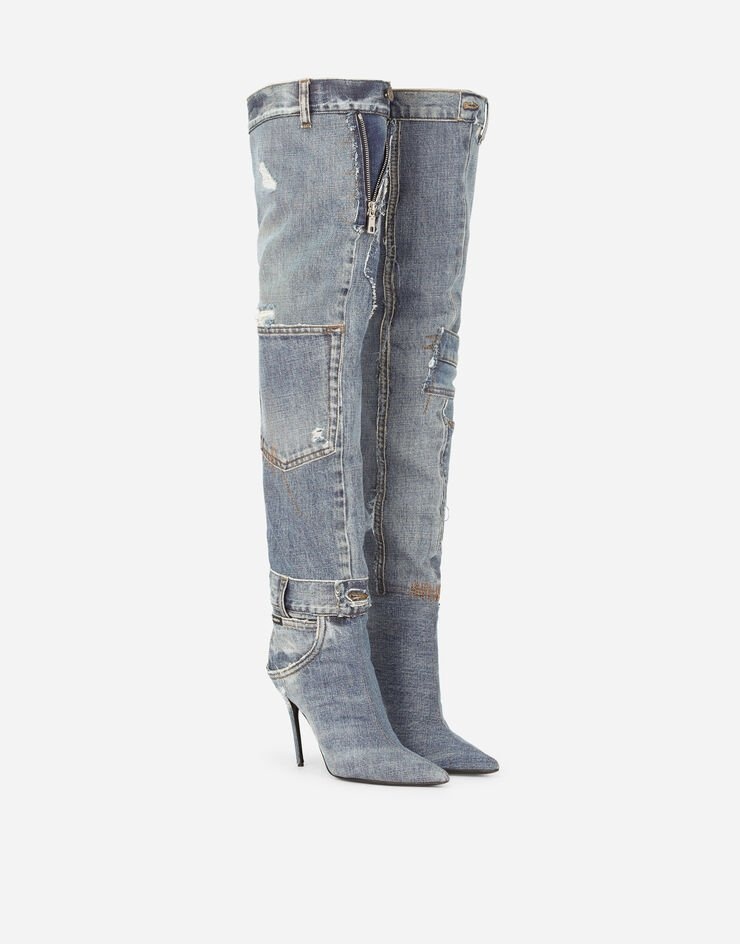 Patchwork denim over-the-knee boots - 2