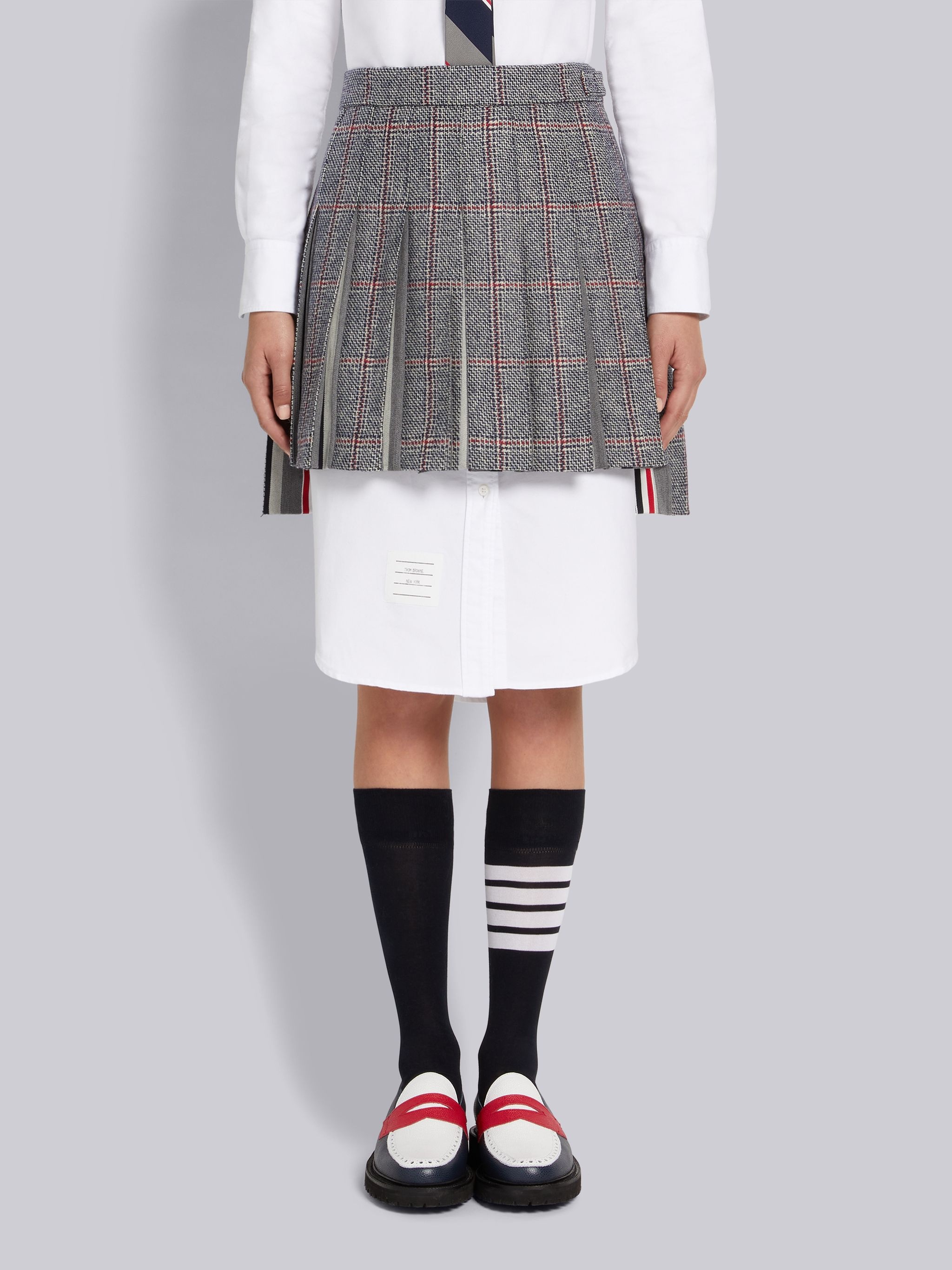 Multicolor Step Twill Windowpane British Wool Shadow Stripe Cotton Pleat Dropped Back Miniskirt - 1