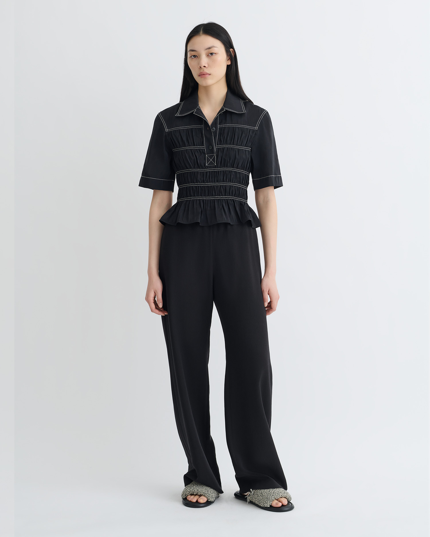 Smocked Glass Poplin Shirt - 3