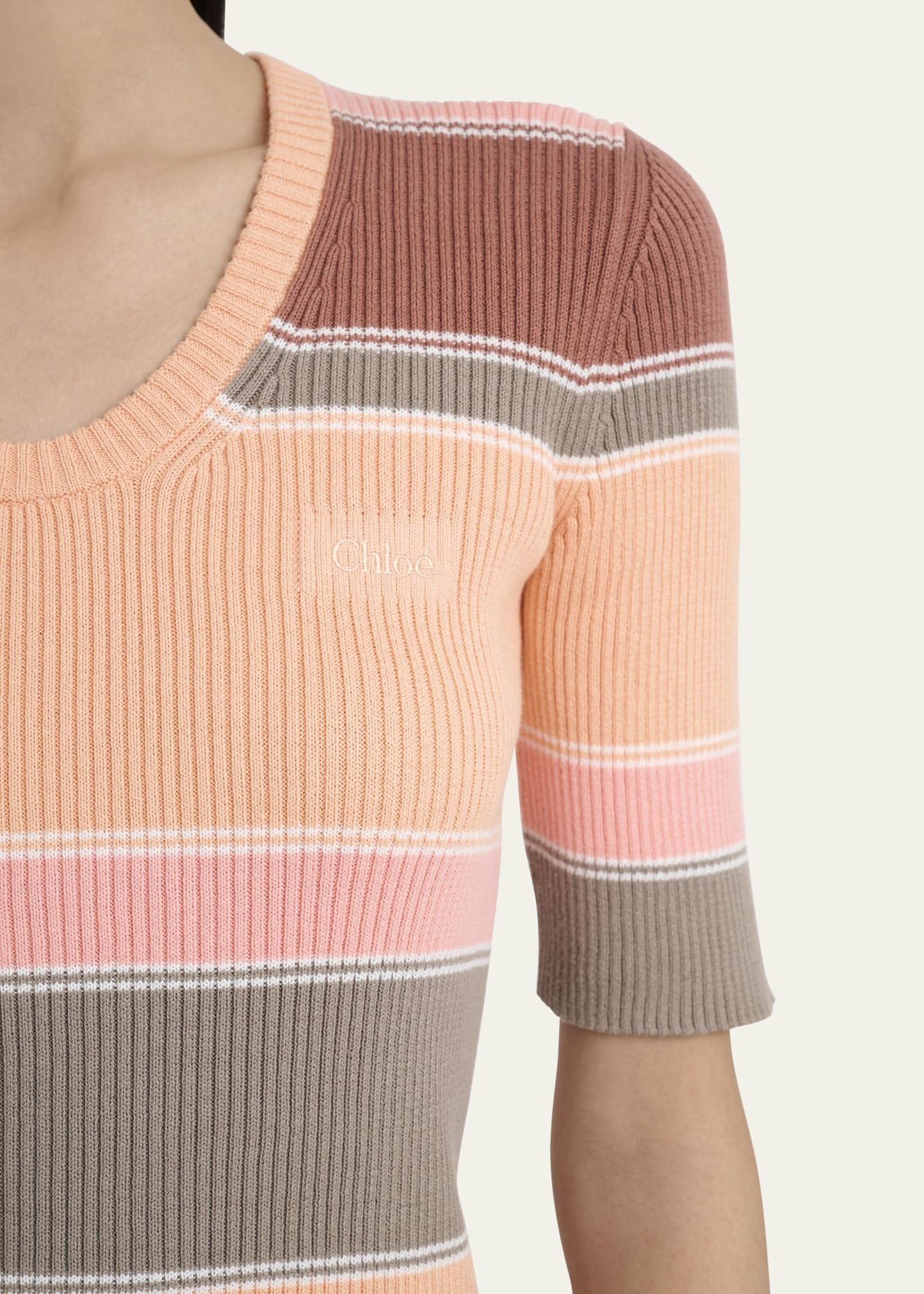 Striped Crewneck Rib Knit Cotton Top - 5