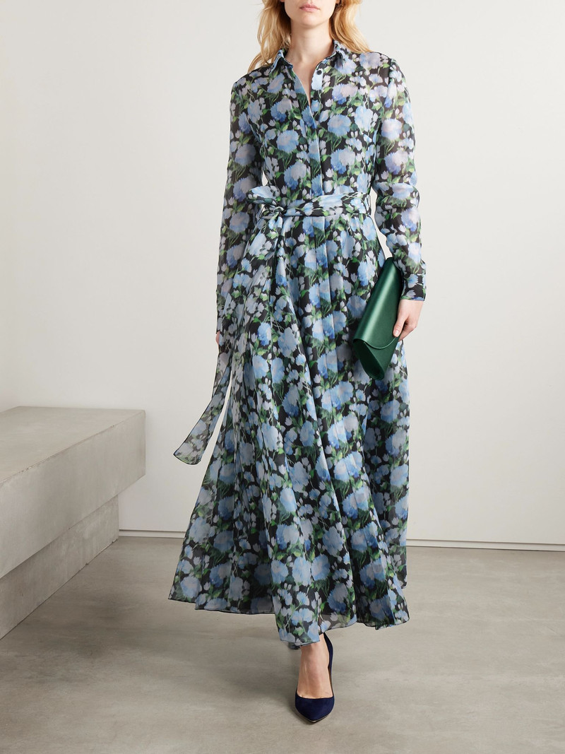CAROLINA HERRERA Belted floral-print silk-organza midi shirt dress Blue outlook