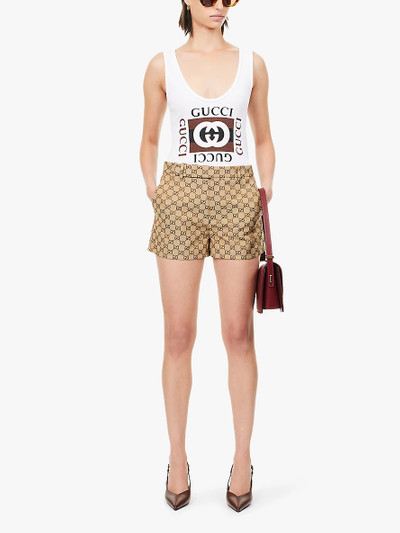 GUCCI Branded-print ribbed cotton-jersey top outlook