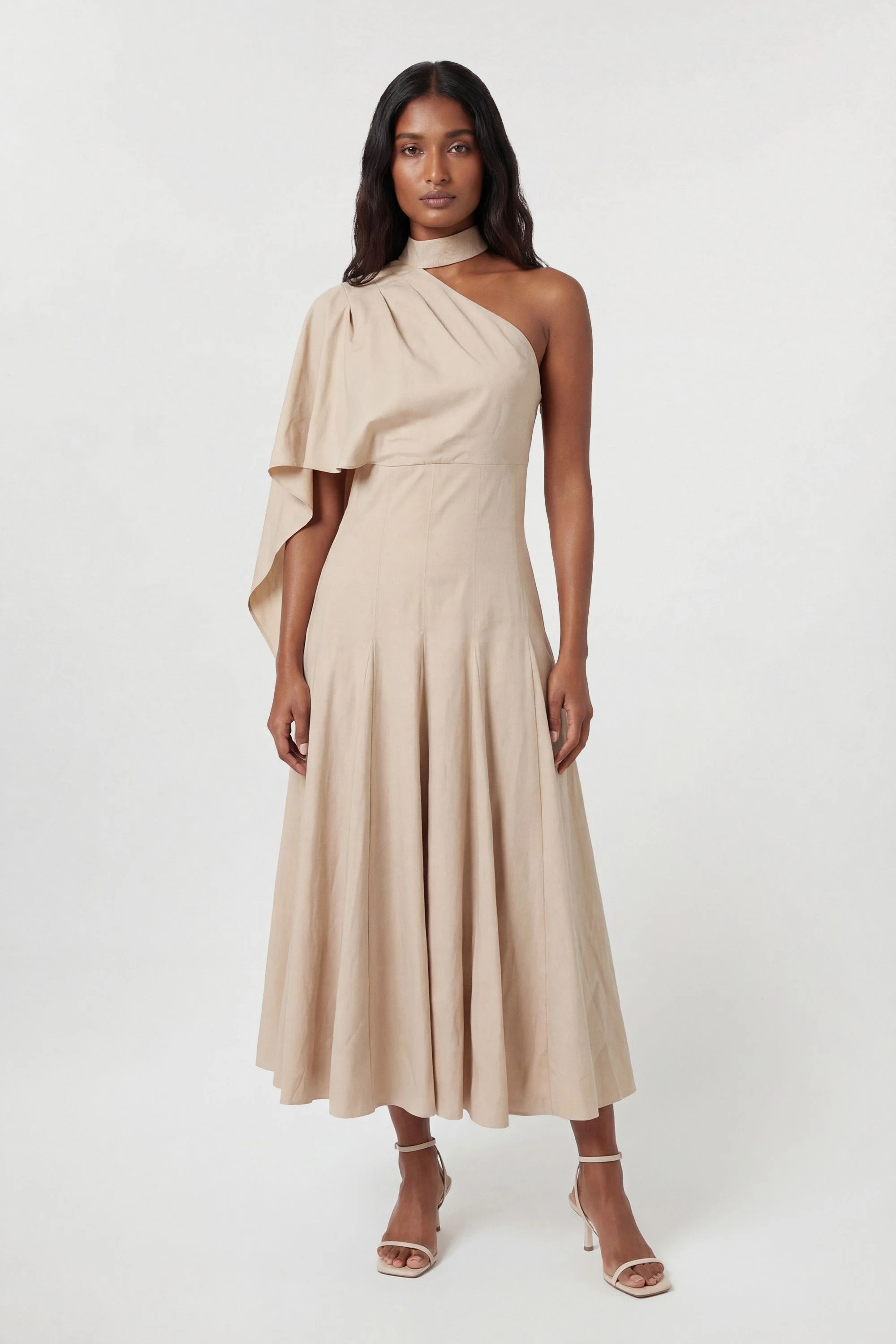 Premium Tailored Linen High Neck One Shoulder Full Midi Dress - 1