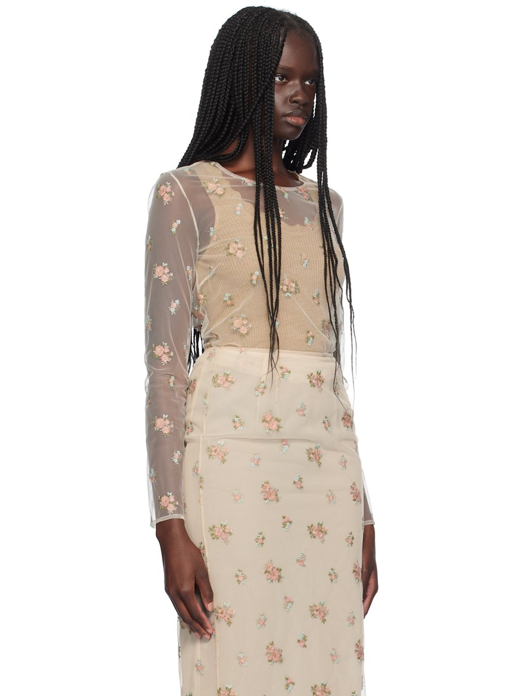 Beige Sheer Floral Blouse - 2