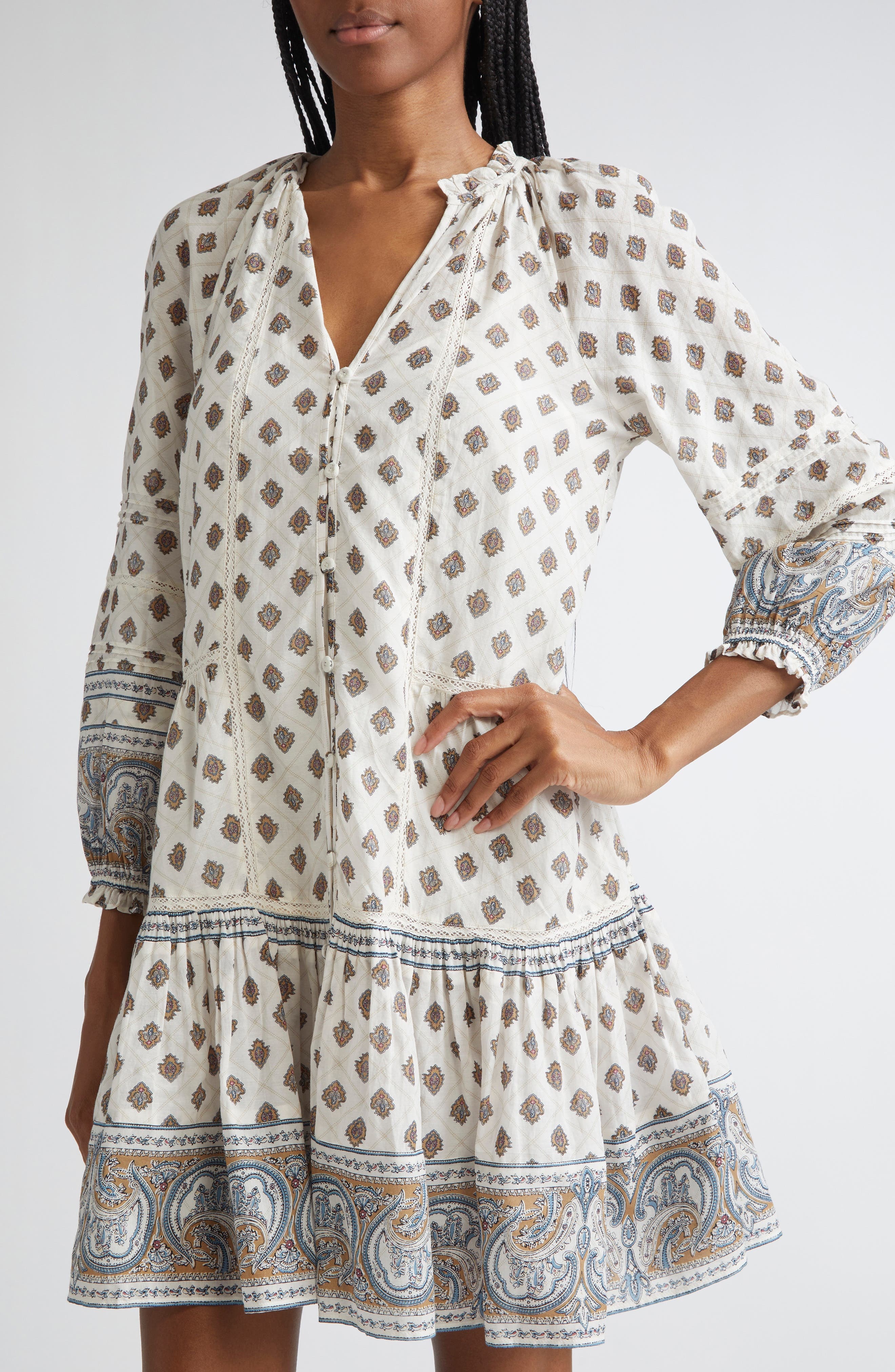 Veronica Beard Belissa Puff Sleeve Cotton Blend Dress in Dove Multi at Nordstrom - 4