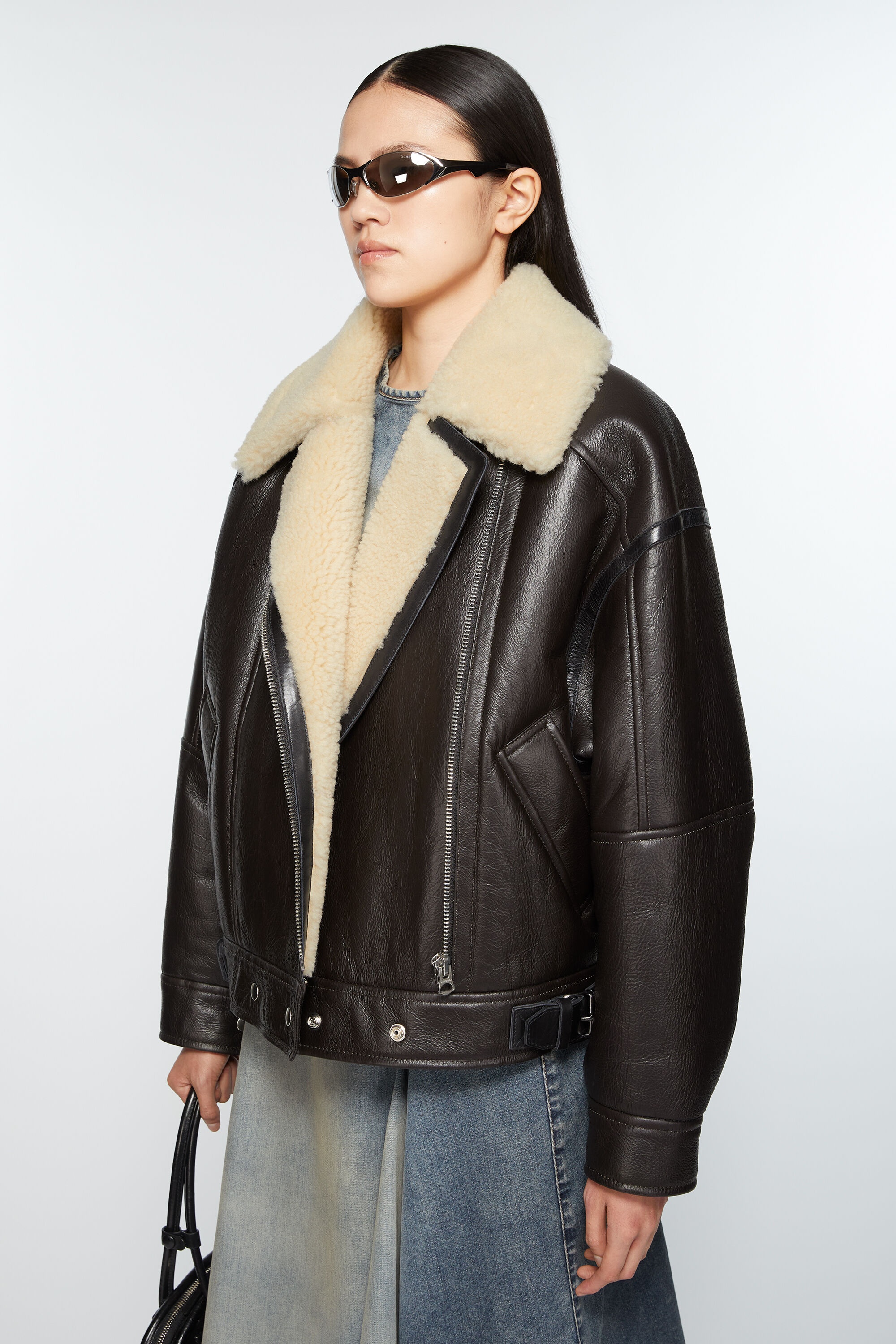 Leather shearling jacket - Dark brown/beige - 3